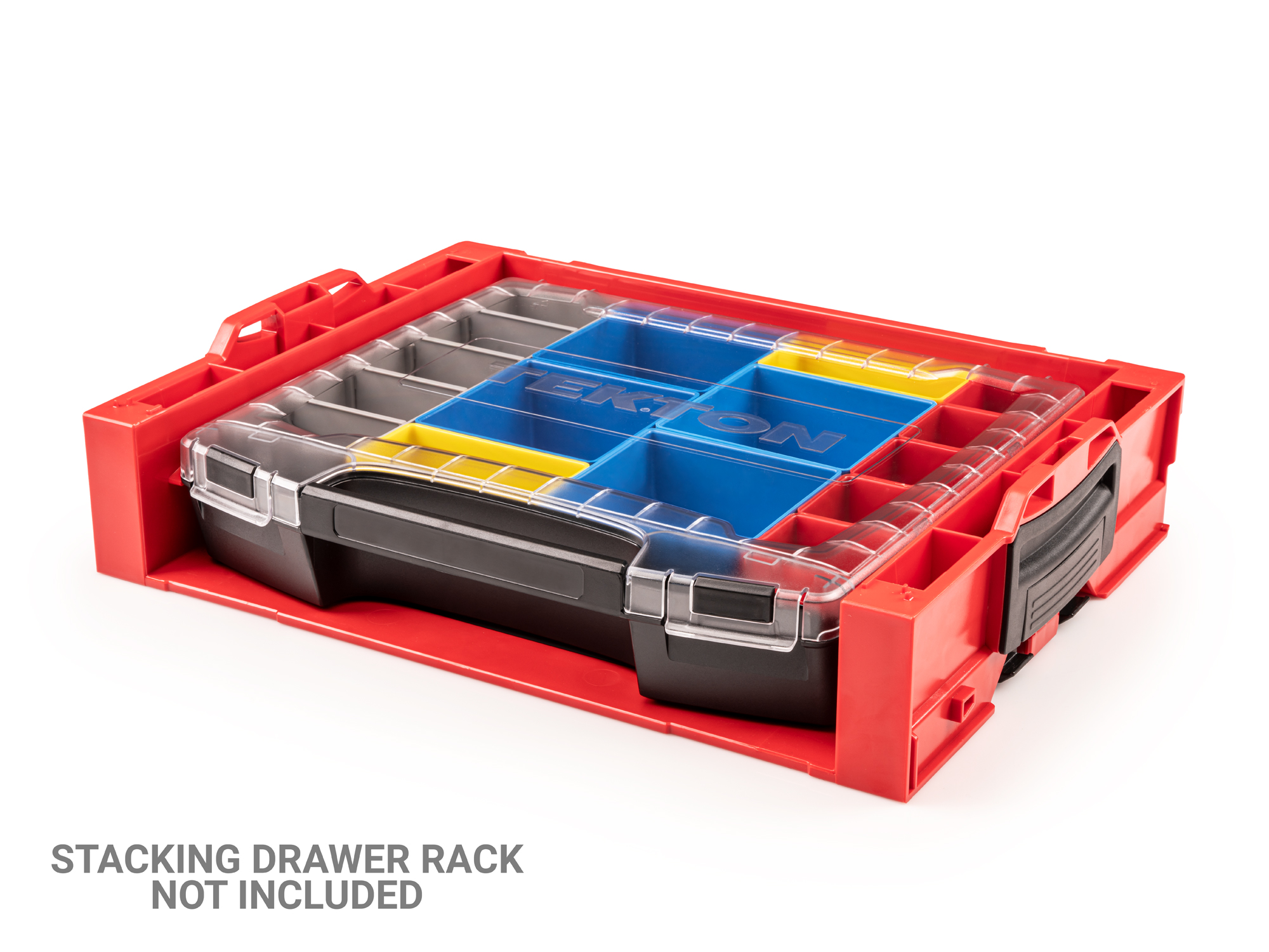 Set includes L-BOXX® compatible lidded drawer, 5 red organizer bins, 2 yellow organizer bins, 4 blue organizer bins, and 1 gray organizer bin. OLB51712.