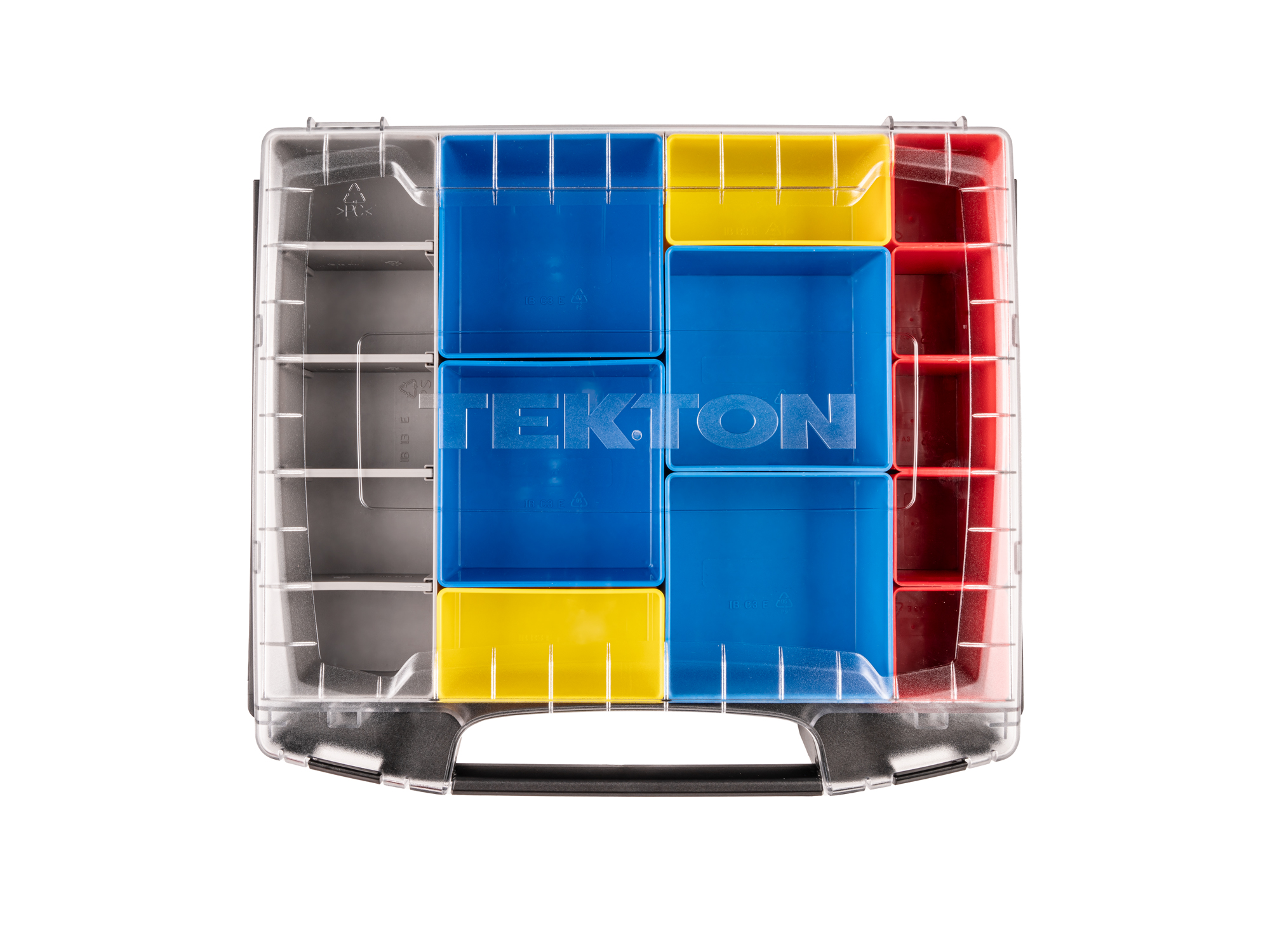 Set includes L-BOXX® compatible lidded drawer, 5 red organizer bins, 2 yellow organizer bins, 4 blue organizer bins, and 1 gray organizer bin. OLB51712.