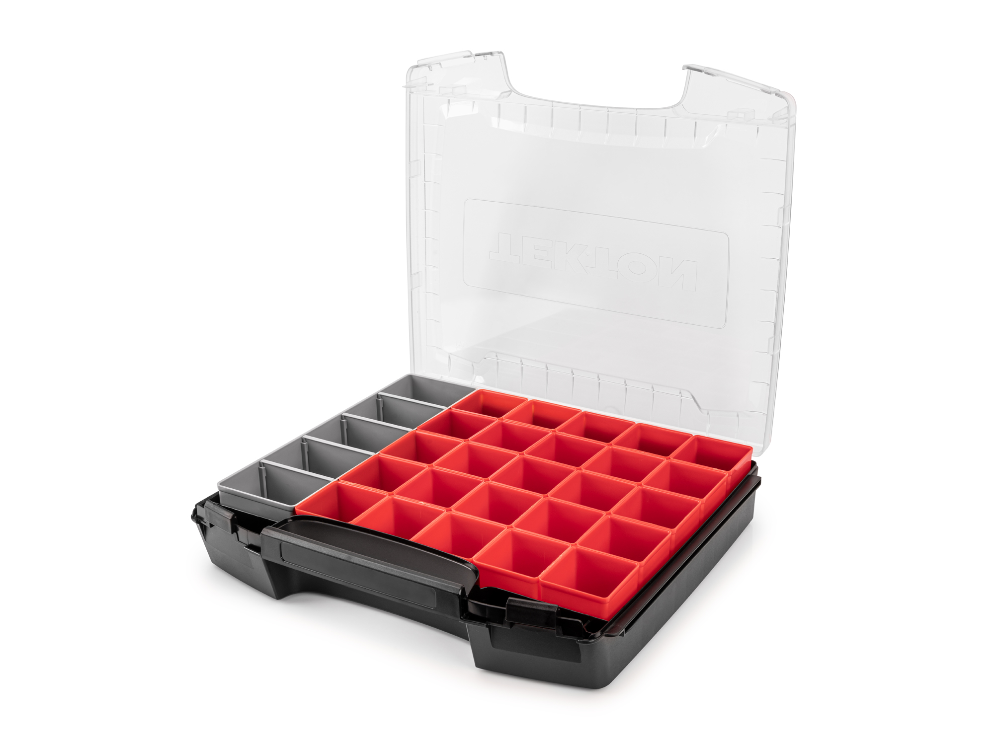 Set includes L-BOXX® compatible lidded drawer, 25 red organizer bins, and 1 gray organizer bin. OLB51714.