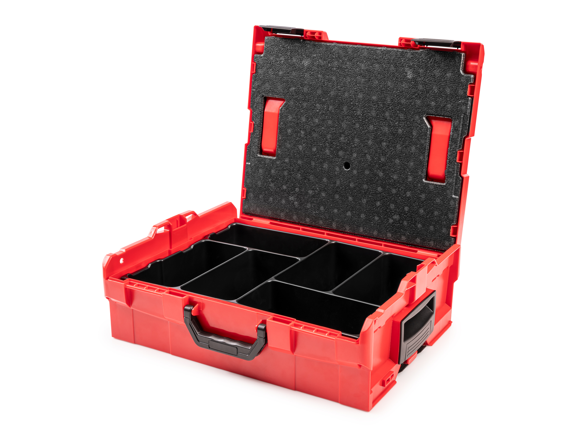 Organize and keep small parts secure in an L-BOXX® Stacking Tool Box with 6-cavity parts tray and lid insert. OLB91001.