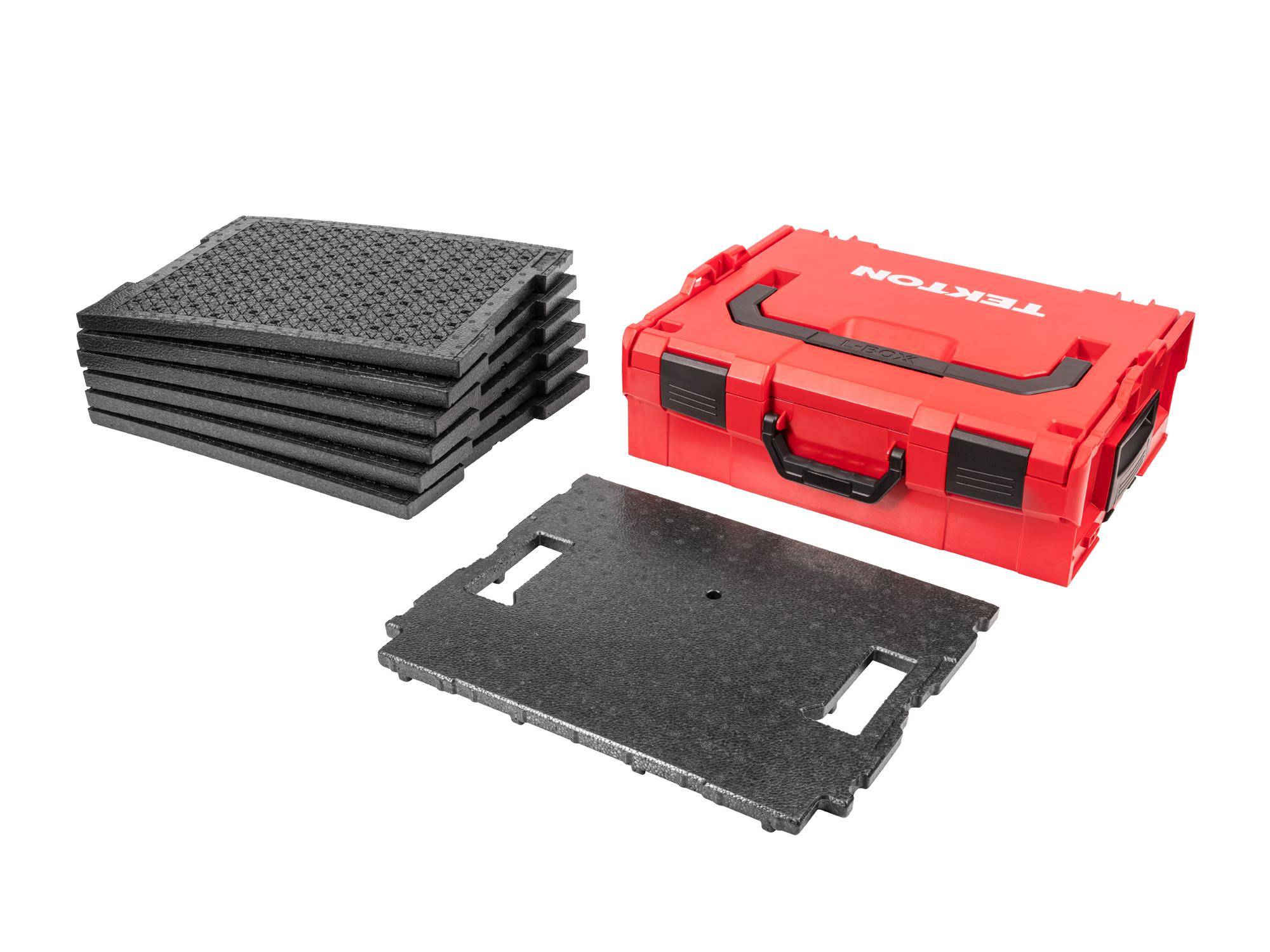 Laid out contents of Tekton stacking organization system set. Item #OLB91003.