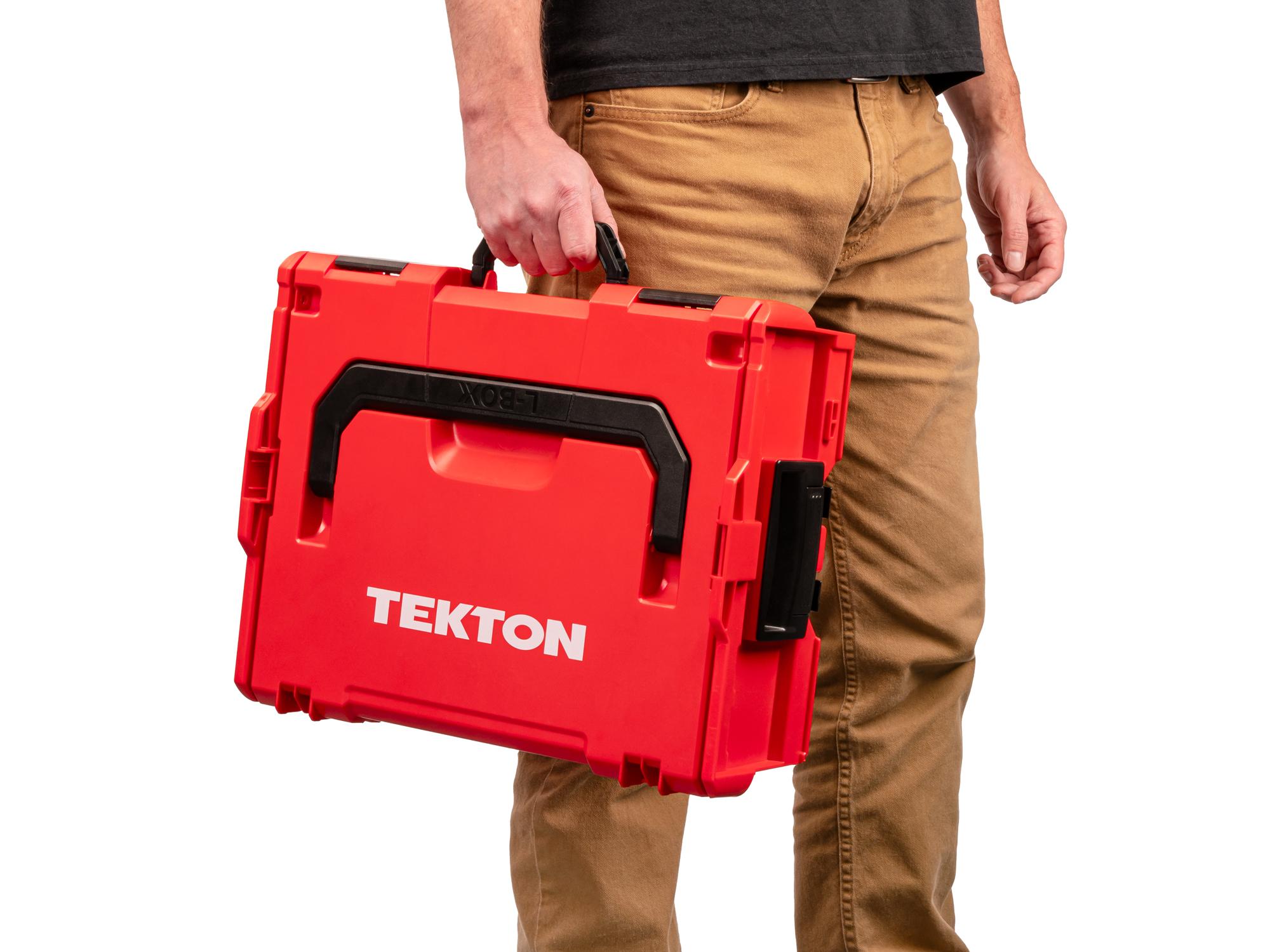 Person holding Tekton stacking organization system set. Item #OLB91003.