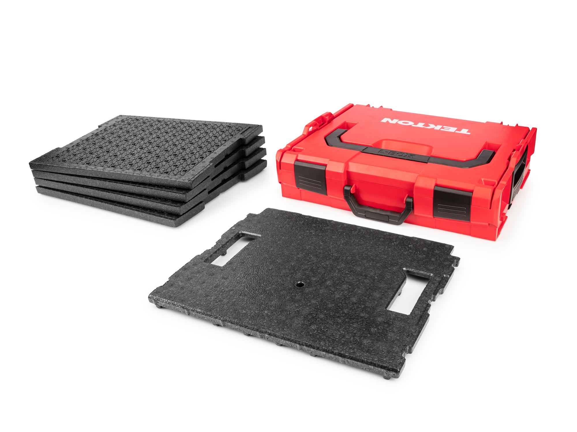 A front angled view of Tekton stacking organization tool box with black foam. Item #OLB91004.