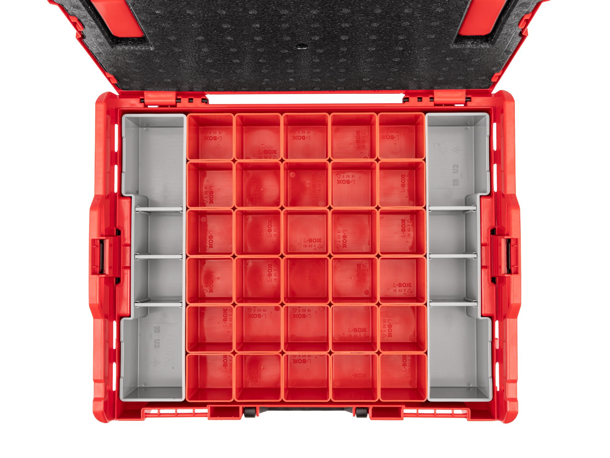 A top view of a Tekton stacking organization tool box filled with red and gray organization bins. Item #OLB91005.