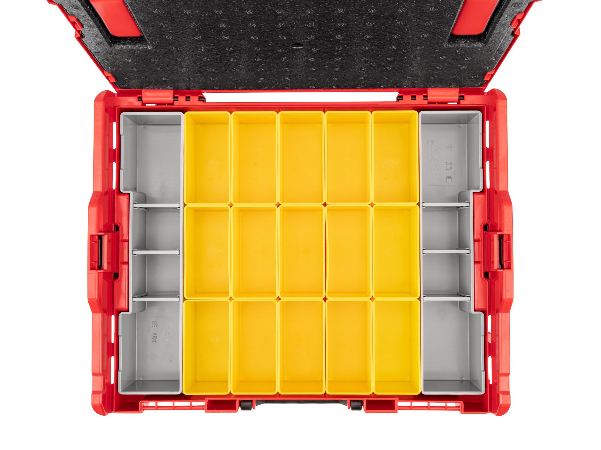 A top view of Tekton stacking organization tool box with yellow and gray organization bins. Item #OLB91006.