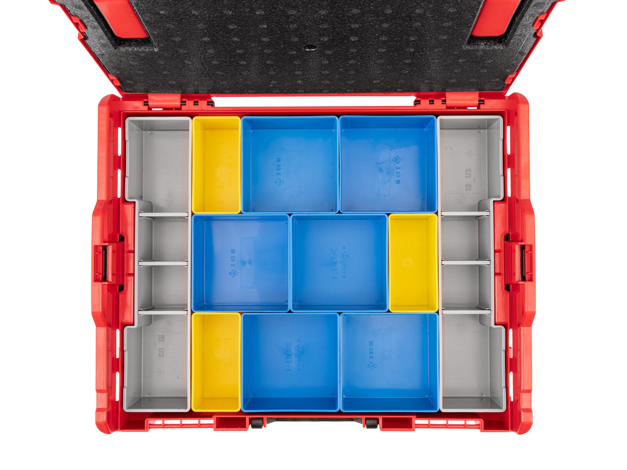 A top view of Tekton stacking organization tool box with blue, yellow, and gray organization bins. Item #OLB91007.