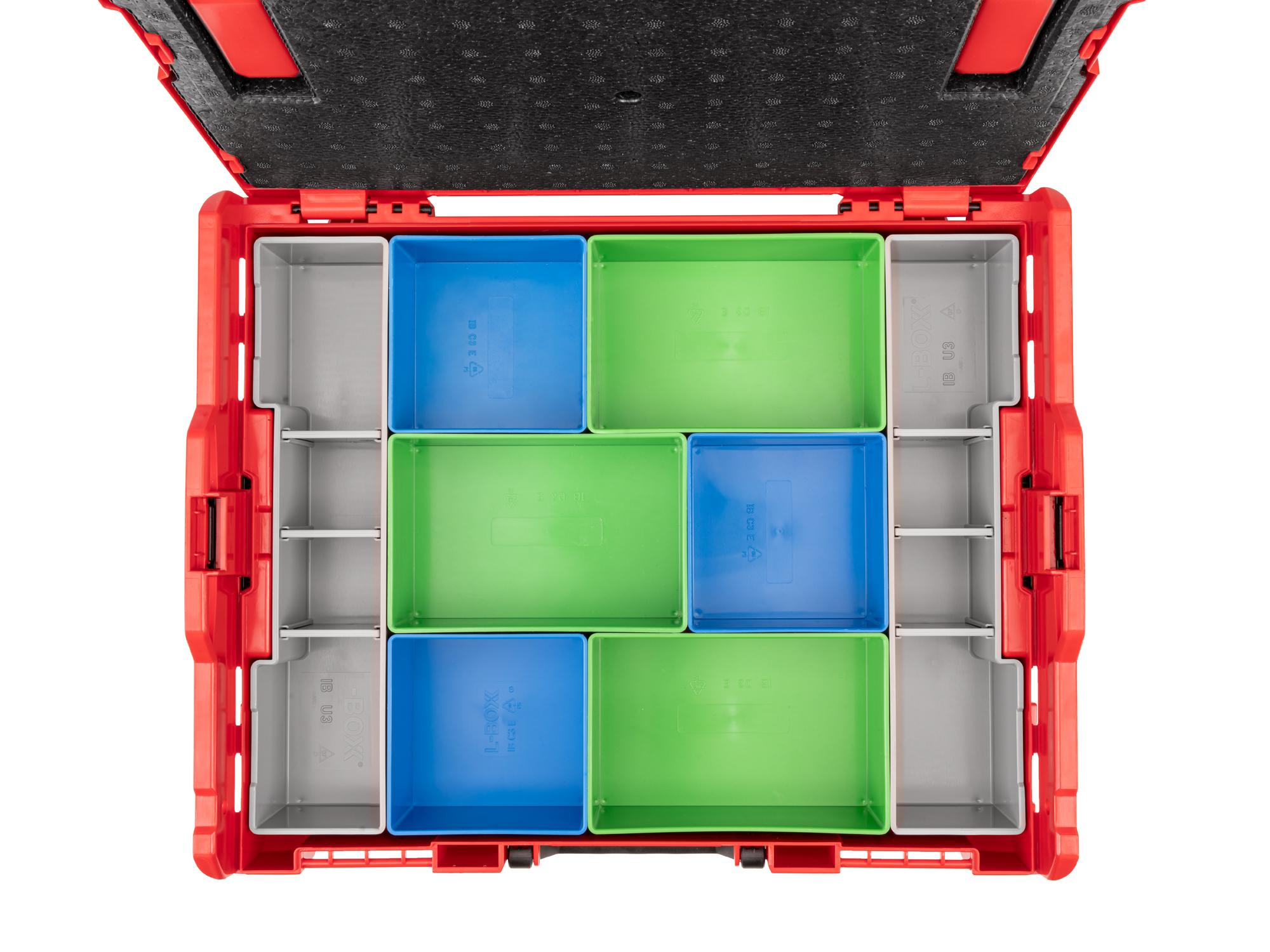 A top view of Tekton stacking organization tool box with green, blue, and gray organization bins. Item #OLB91008.