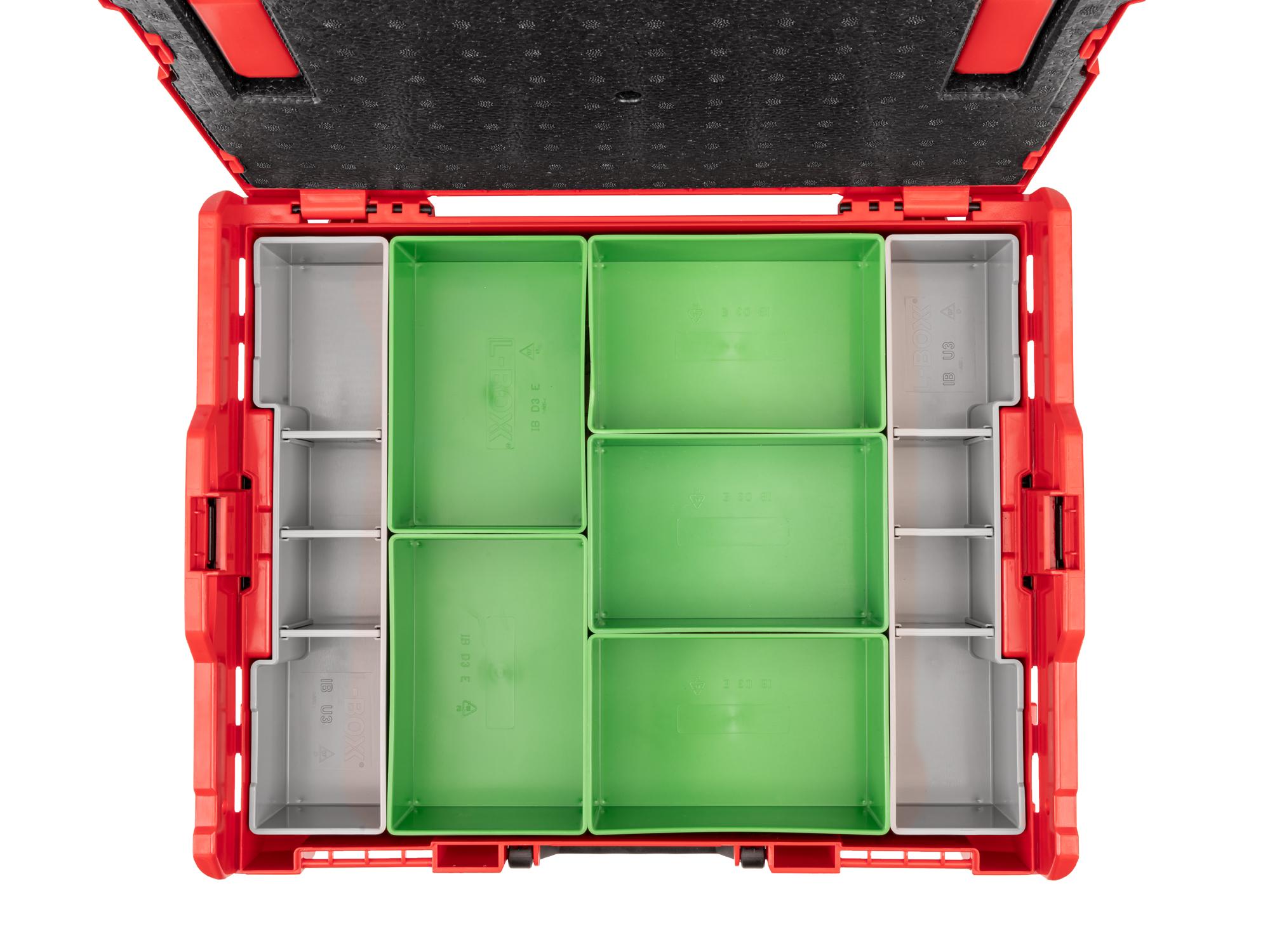 A red Tekton stacking tool box filled with green and gray organization bins. Item #OLB91009.