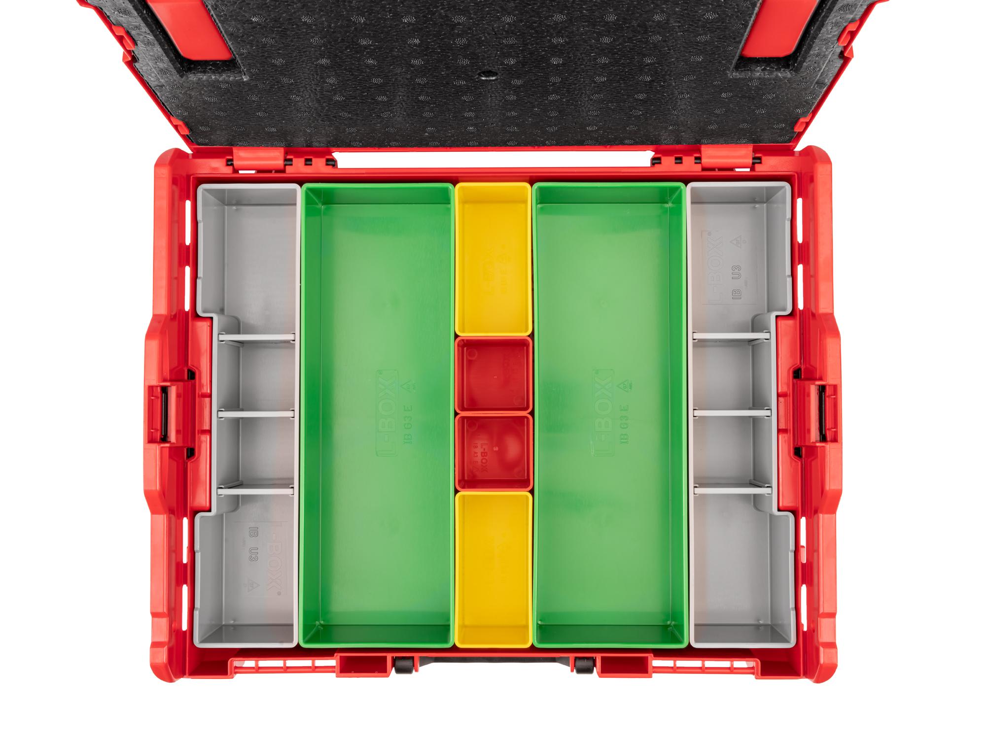 A red Tekton stacking tool box filled with yellow, red, green, and gray organizer bins. Item #OLB91011.