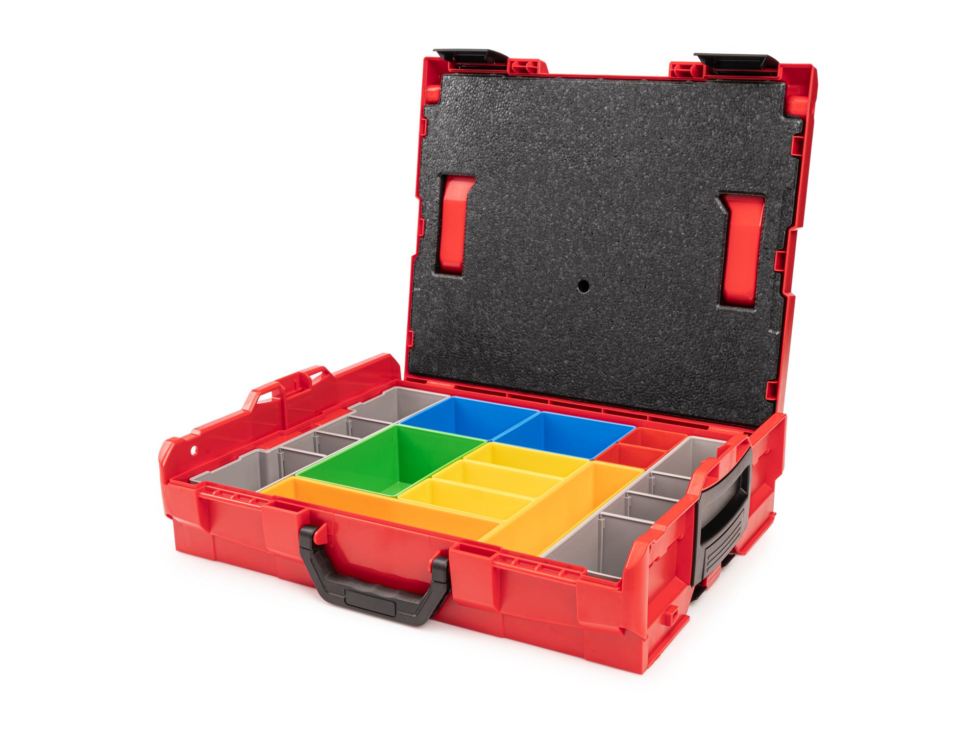A front angled view of an open stacking organization tool box filled with organizer bins. Item #OLB91012.