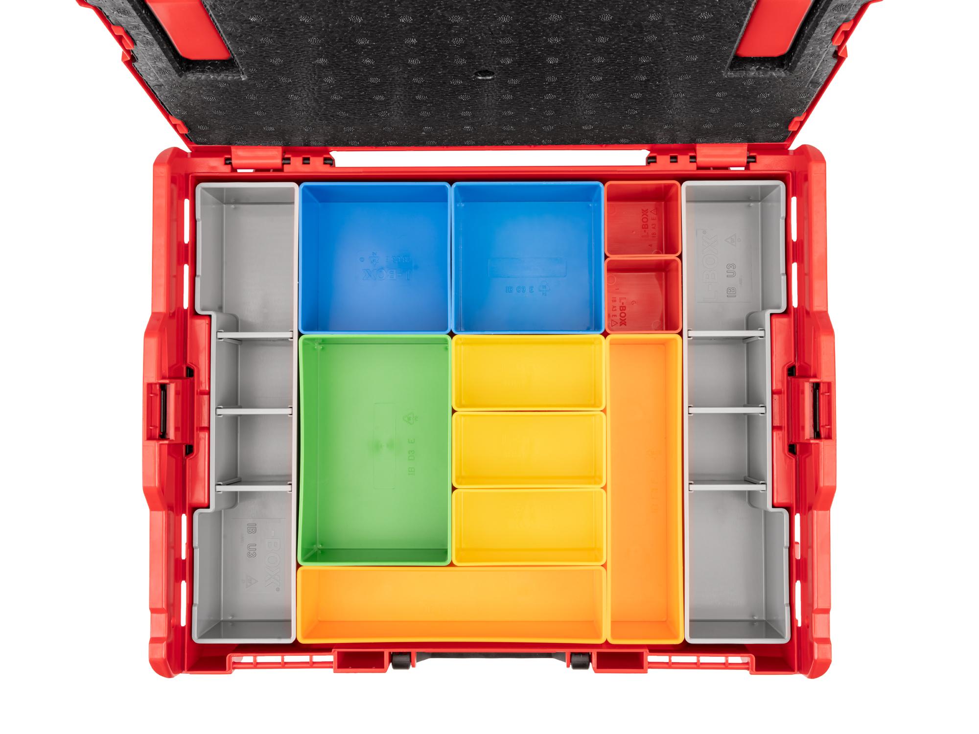 A red Tekton stacking tool box filled with green, blue, yellow, orange, red, and gray organizer bins. Item #OLB91012.