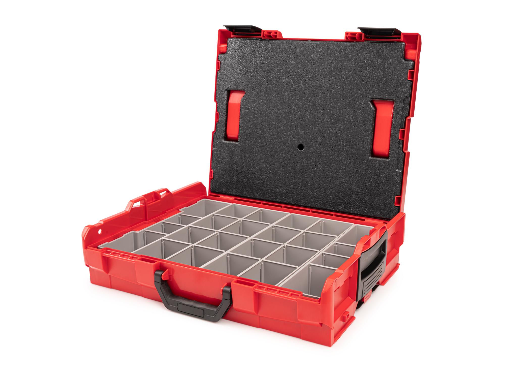 A front angled view of an open red Tekton stacking tool box filled with gray organizer bins. Item #OLB91013.