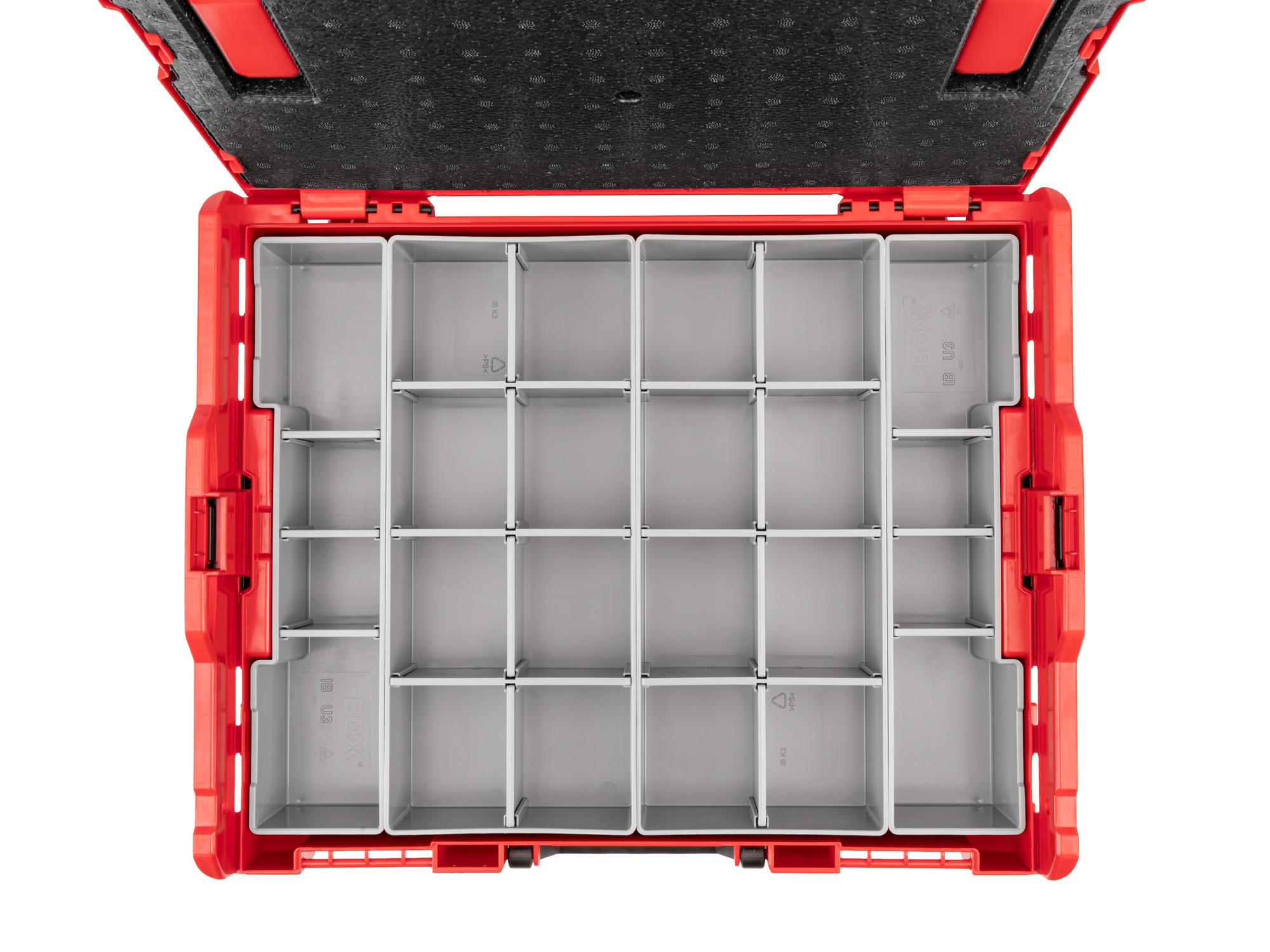 A red Tekton stacking tool box filled with gray organizer bins. Item #OLB91013.