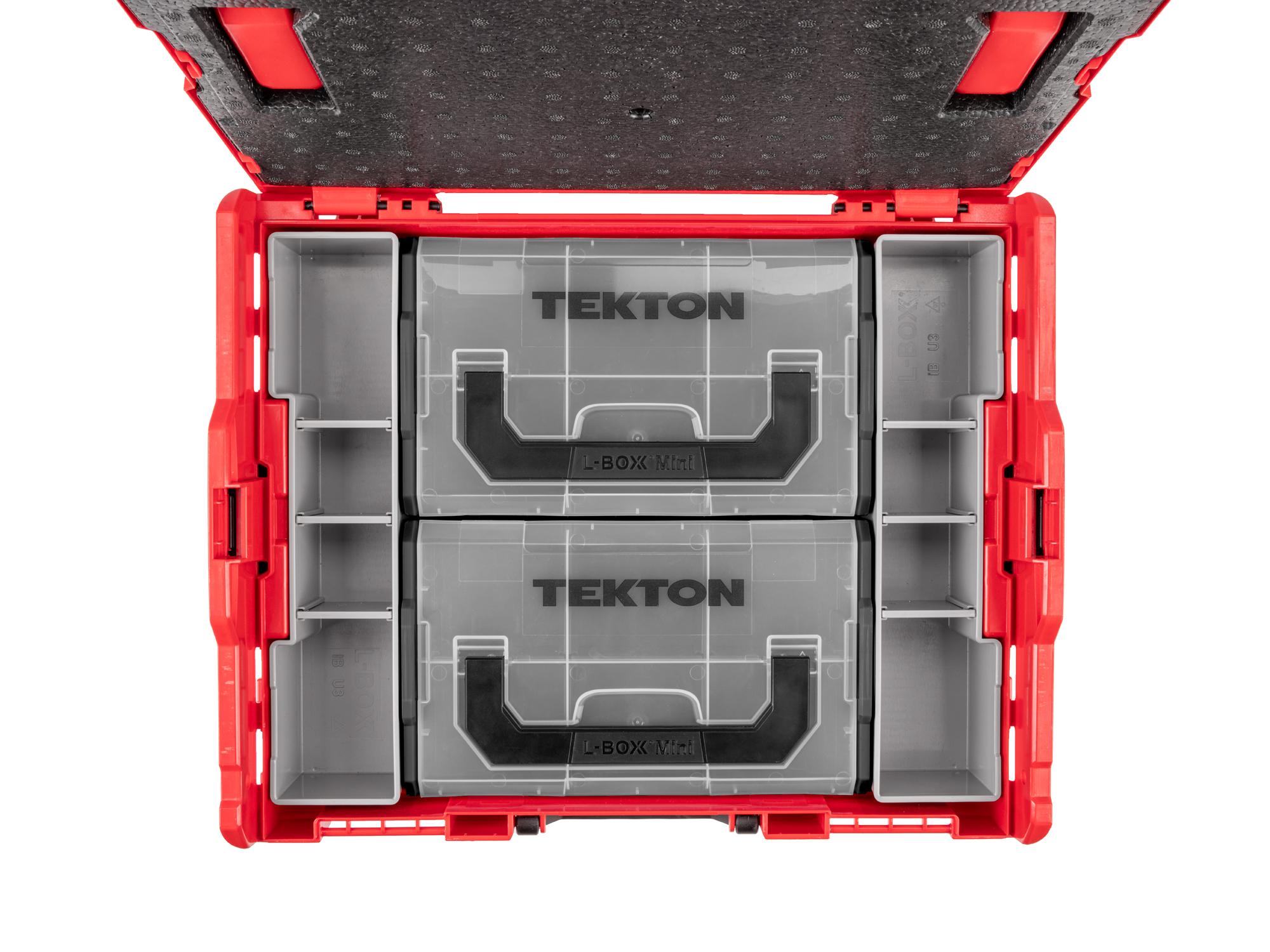 Front angled view of Tekton black stacking organization system set in stacking tool box. Stacking tool box not included. Item #OLB91014
