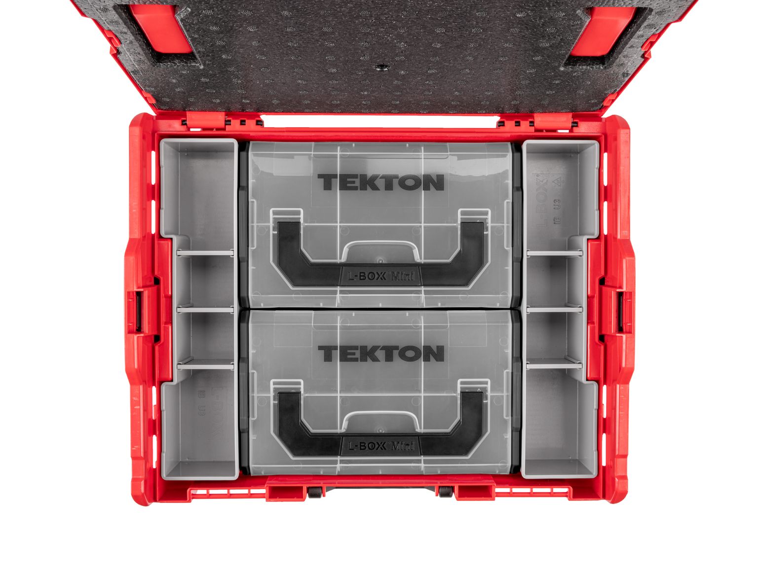 Front angled view of Tekton stacking organization system set in stacking tool box. Stacking tool box not included. Item #OLB91014