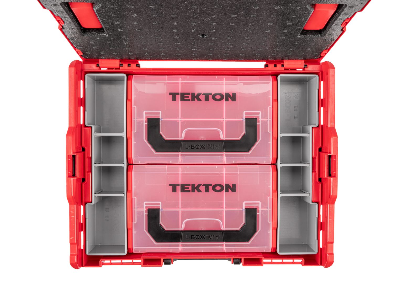 Front angled view of Tekton stacking organization system set in stacking tool box. Stacking tool box not included. Item #OLB91015
