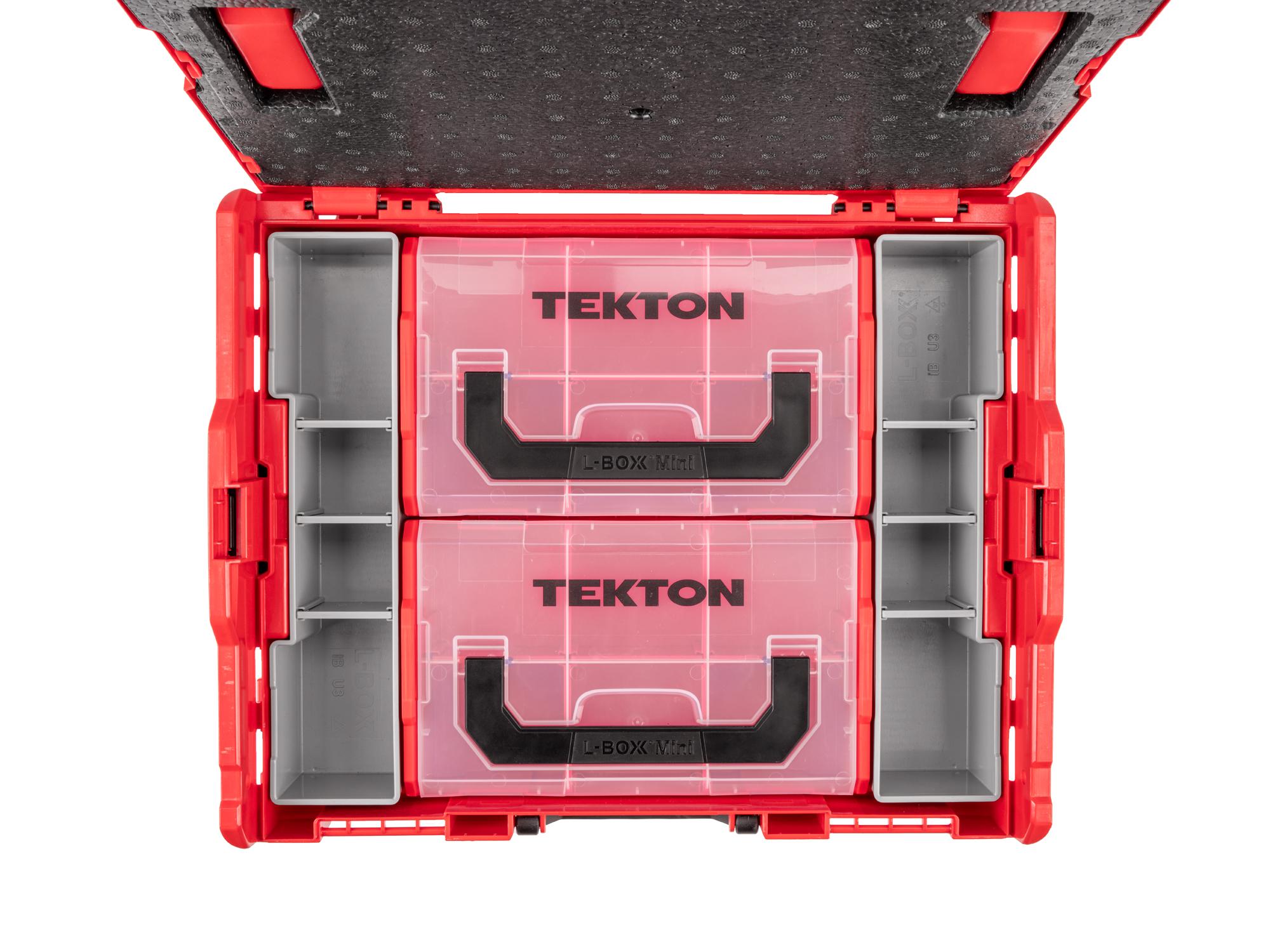 Front angled view of Tekton red stacking organization system set in stacking tool box. Stacking tool box not included. Item #OLB91015