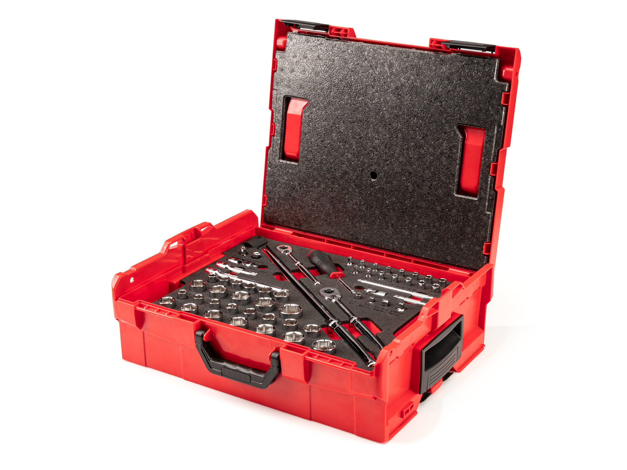 Set includes complete range of 6-point sockets, plus ratchets, breaker bars, and socket accessories. Comes in the L-BOXX Stacking Tool Box. No skipped sizes. OLB91301.