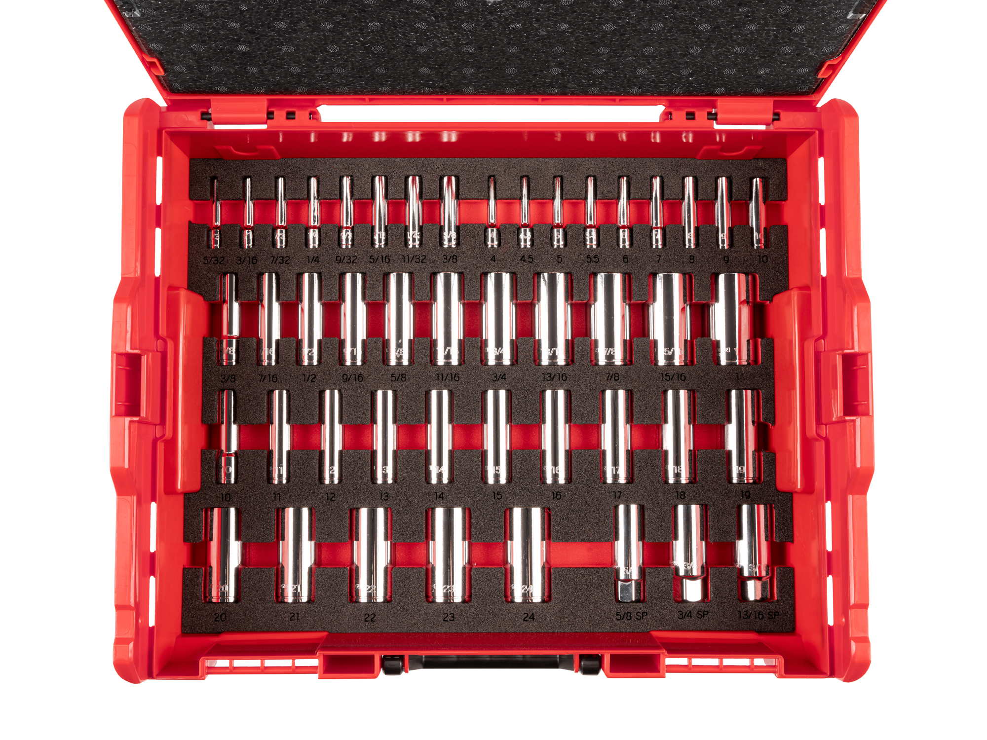 Set includes complete range of 6-point sockets, plus ratchets, breaker bars, and socket accessories. Comes in the L-BOXX Stacking Tool Box. No skipped sizes. OLB91301.