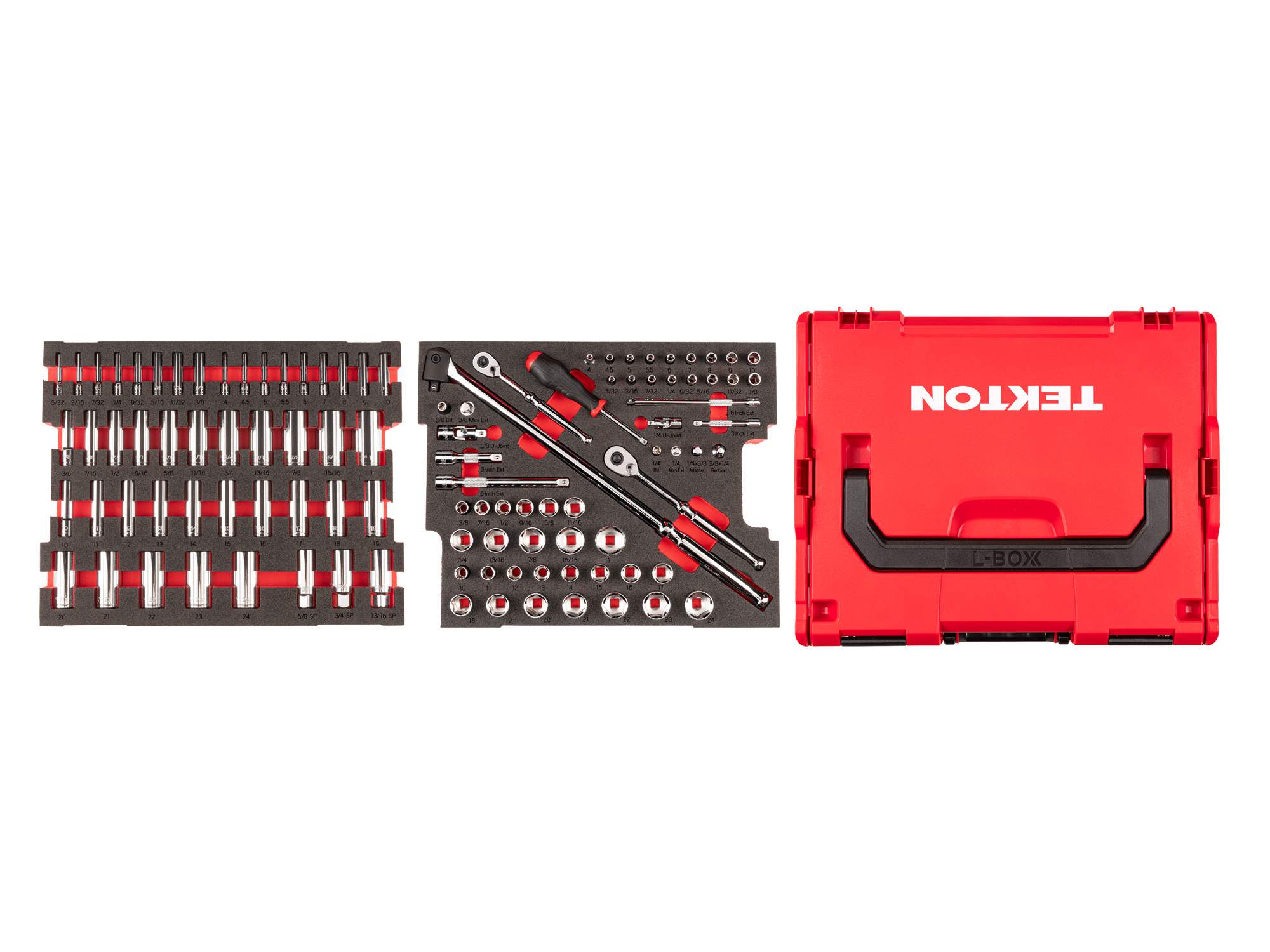 Set includes complete range of 6-point sockets, plus ratchets, breaker bars, and socket accessories. Comes in the L-BOXX Stacking Tool Box. No skipped sizes. OLB91301.