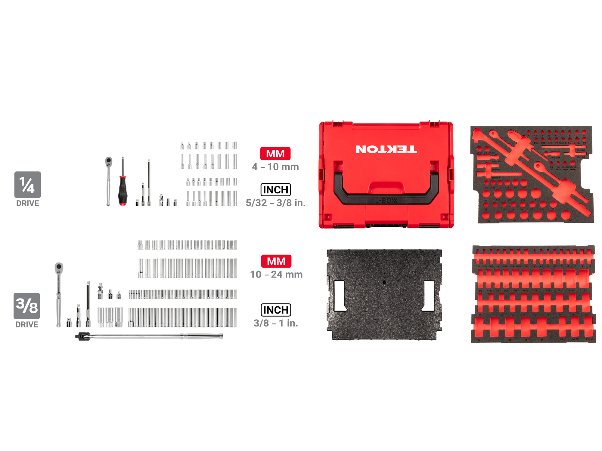 Set includes complete range of 6-point sockets, plus ratchets, breaker bars, and socket accessories. Comes in the L-BOXX Stacking Tool Box. No skipped sizes. OLB91301.