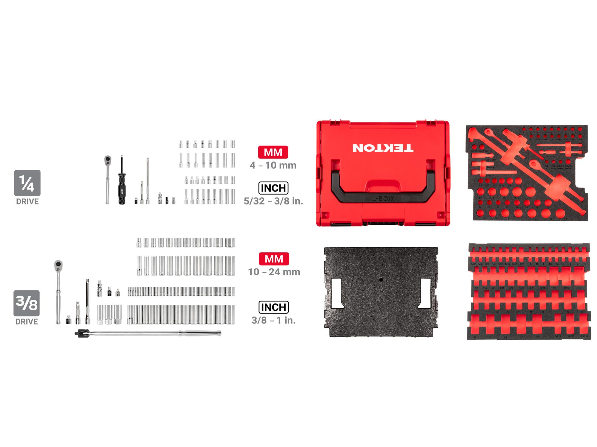 Laid out contents of Tekton stacking organization system set. Item #OLB91301.
