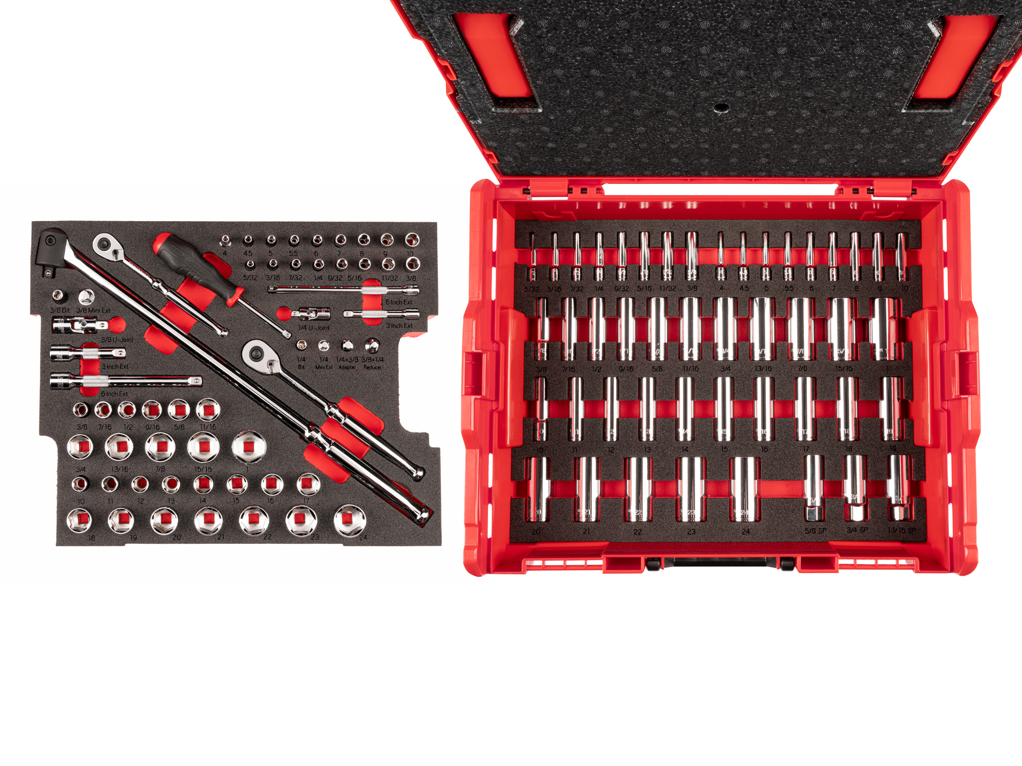 Set includes complete range of 6-point sockets, plus ratchets, breaker bars, and socket accessories. Comes in the L-BOXX Stacking Tool Box. No skipped sizes. OLB91301.