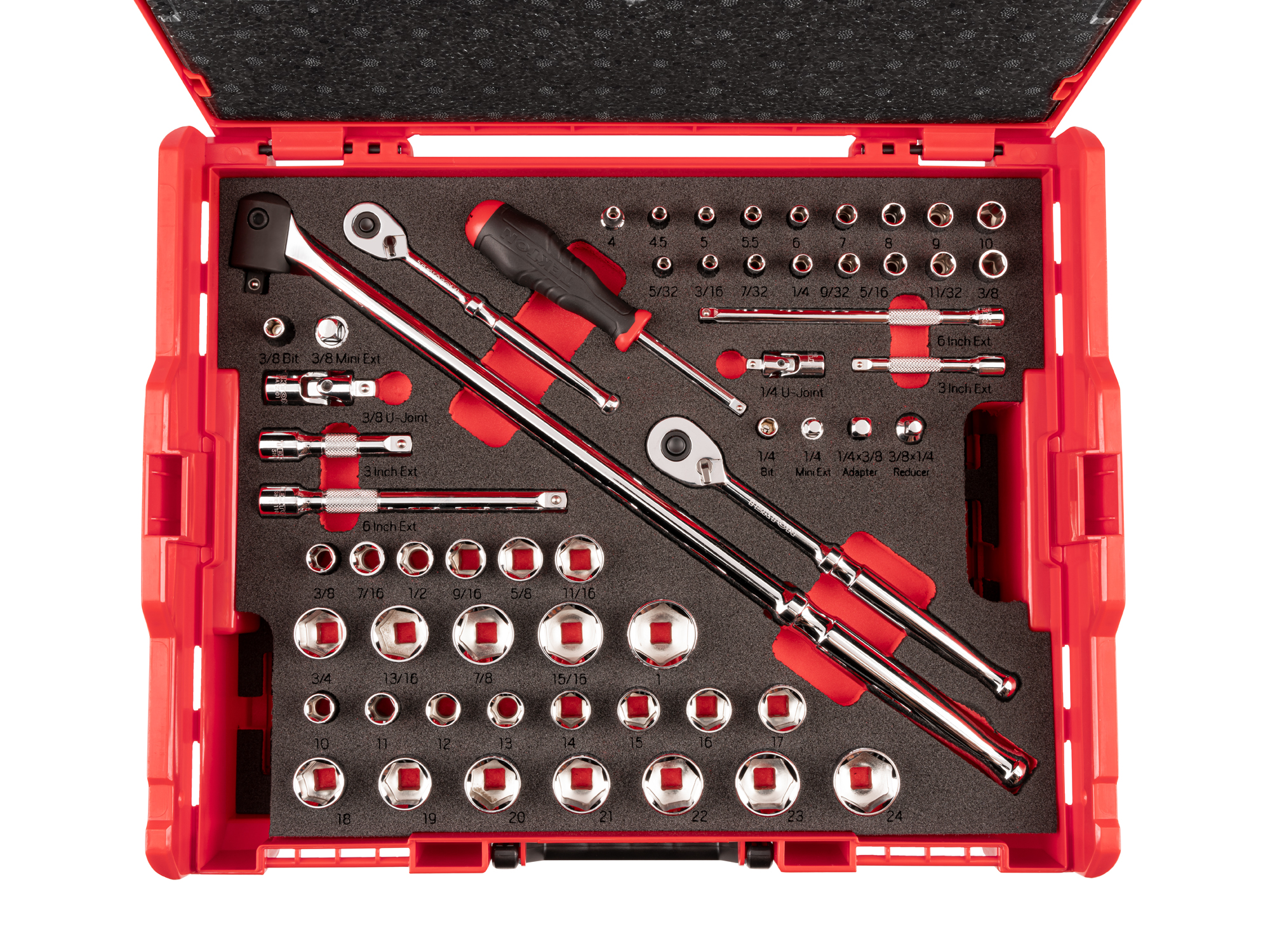 Set includes complete range of 6-point sockets, plus ratchets, breaker bars, and socket accessories. Comes in the L-BOXX Stacking Tool Box. No skipped sizes. OLB91301.