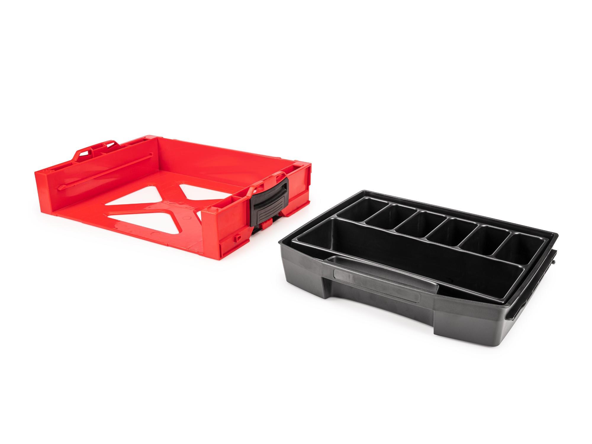 Laid out contents of Tekton stacking organization system set. Item #OLB94012.