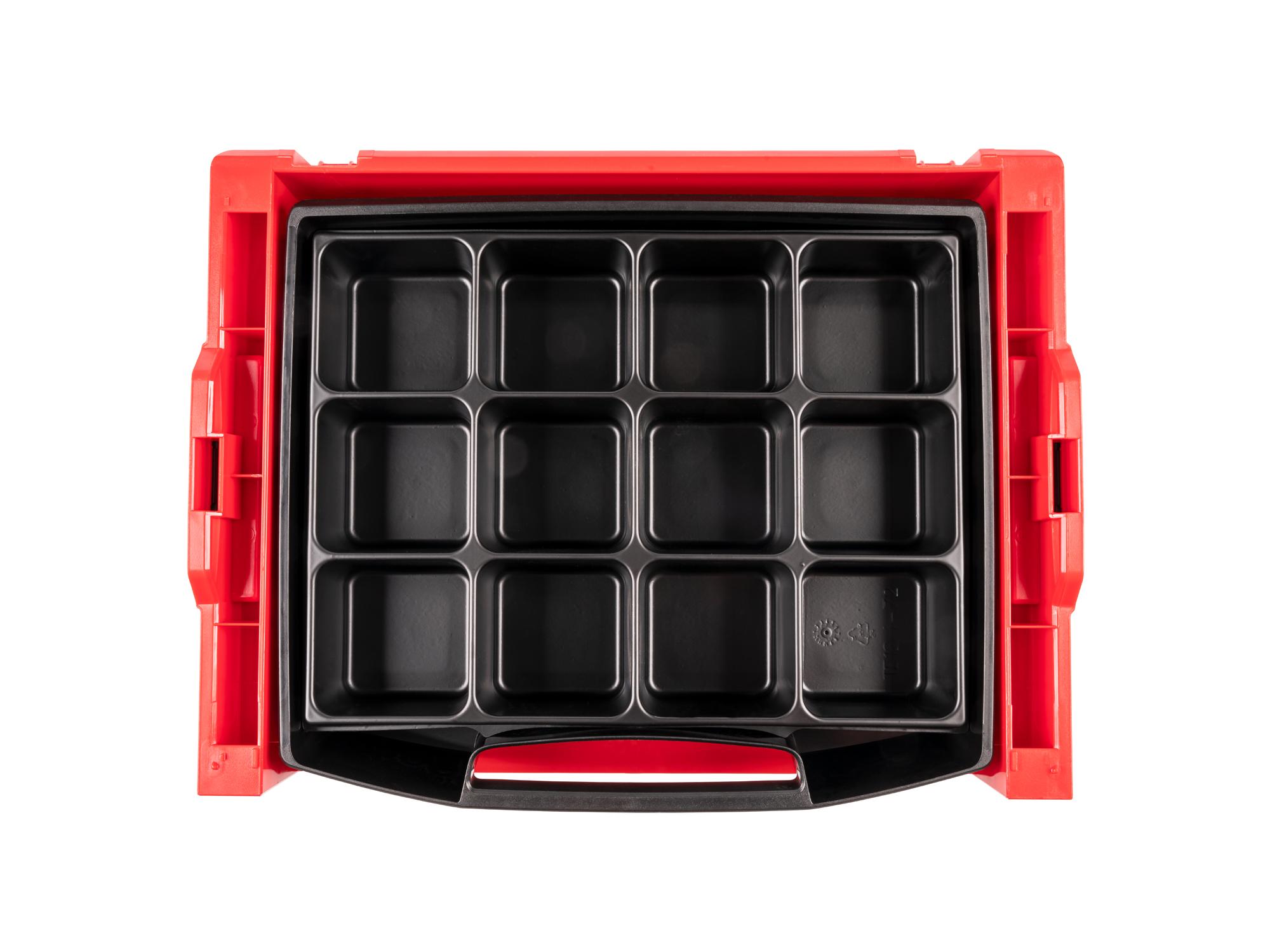 Top view of Tekton stacking organization drawer filled with black organization bins. Item #OLB94014.