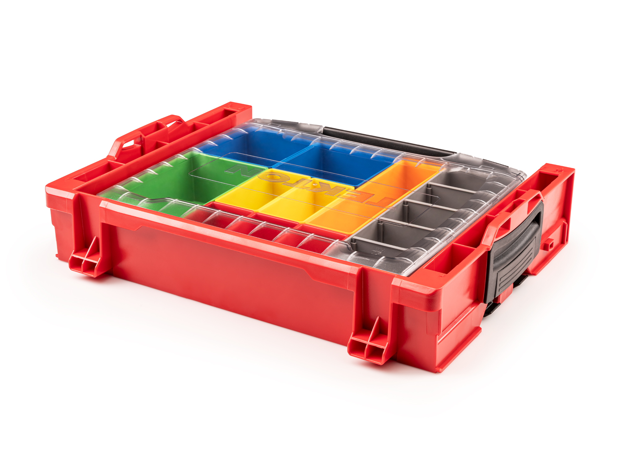 Set includes L-BOXX® compatible lidded drawer with stacking drawer rack and 10 organizer bins in different sizes and colors. OLB94020.