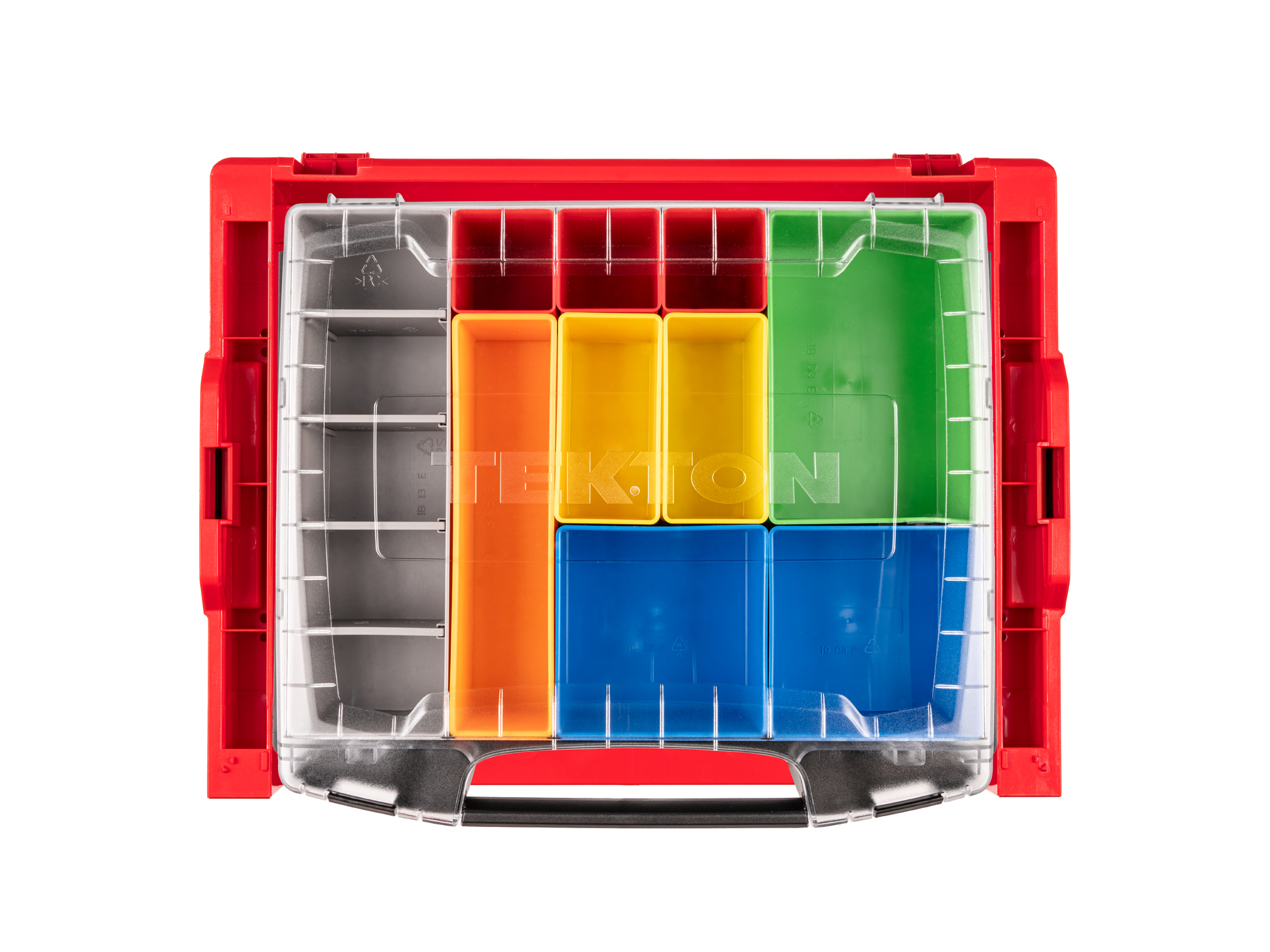 Set includes L-BOXX® compatible lidded drawer with stacking drawer rack and 10 organizer bins in different sizes and colors. OLB94020.