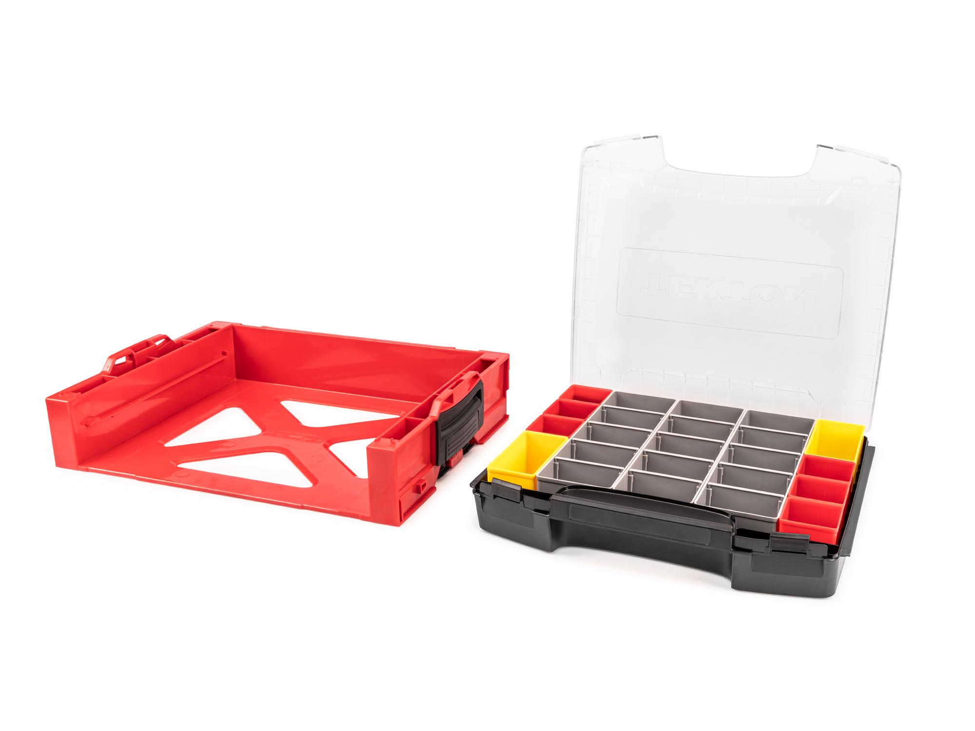 Laid out contents of Tekton stacking organization system set. Item #OLB94021.