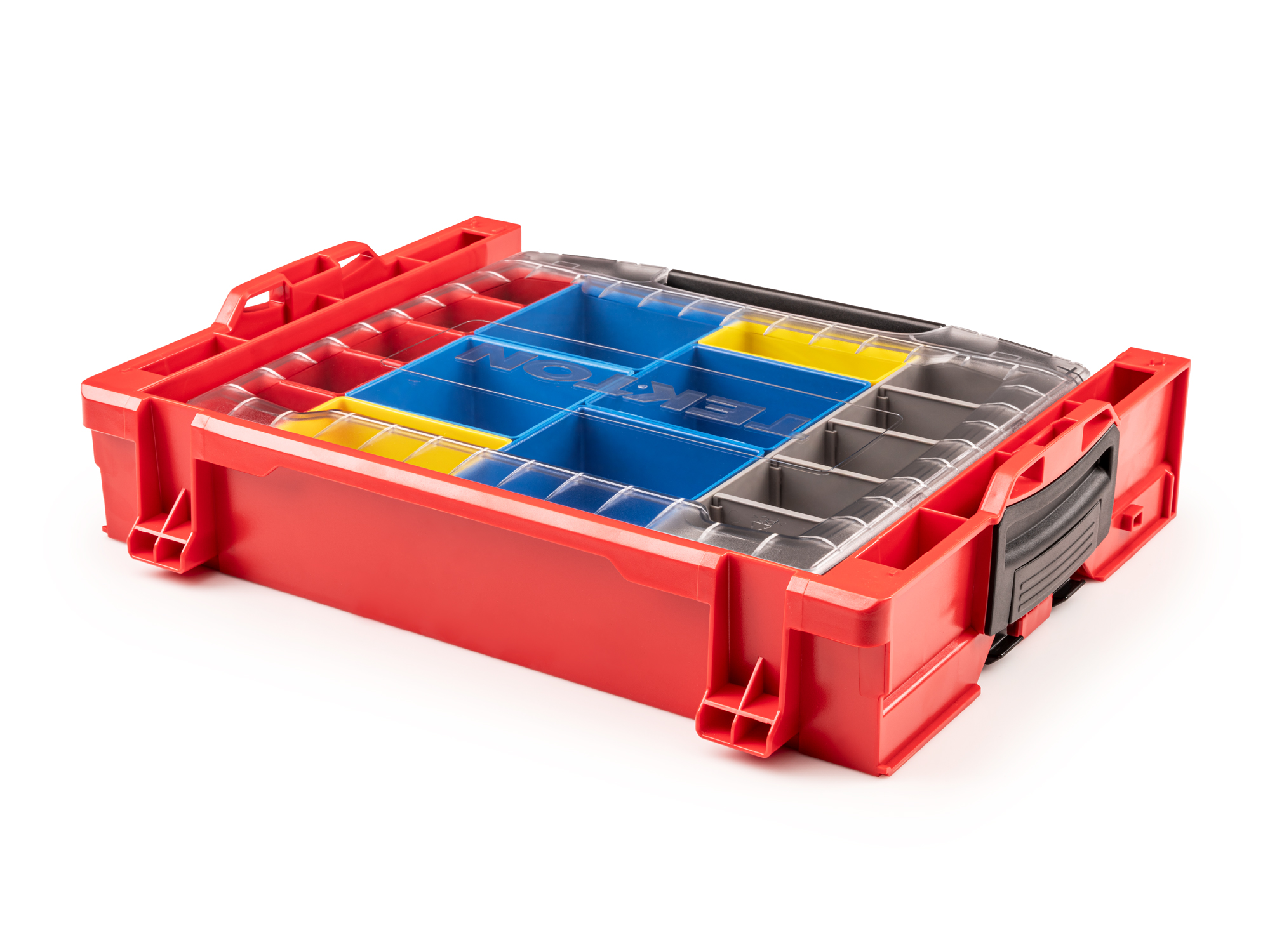 Set includes L-BOXX® compatible lidded drawer with stacking drawer rack and 12 organizer bins in different sizes and colors. OLB94022.