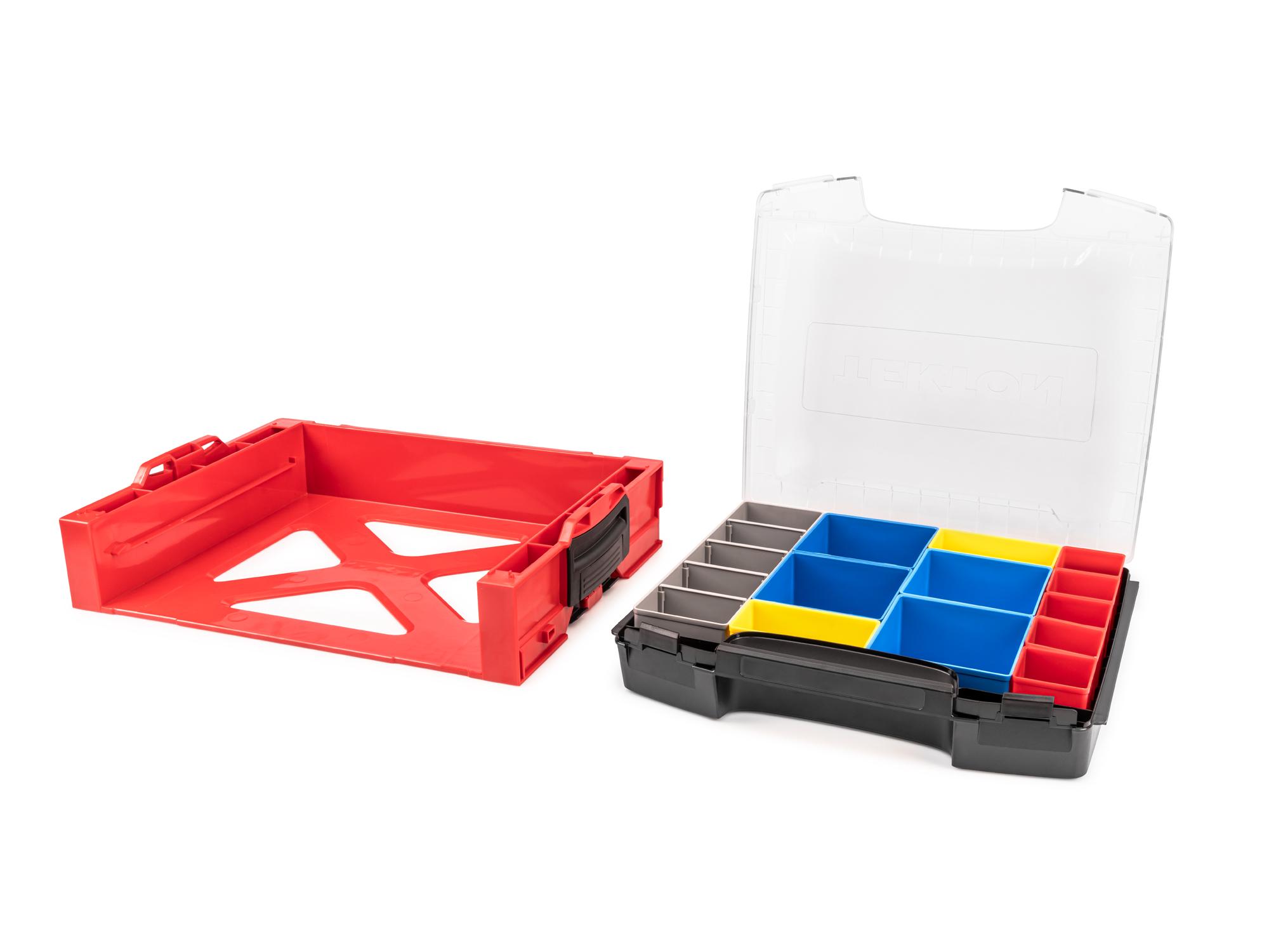 Laid out contents of Tekton stacking organization system set. Item #OLB94022.