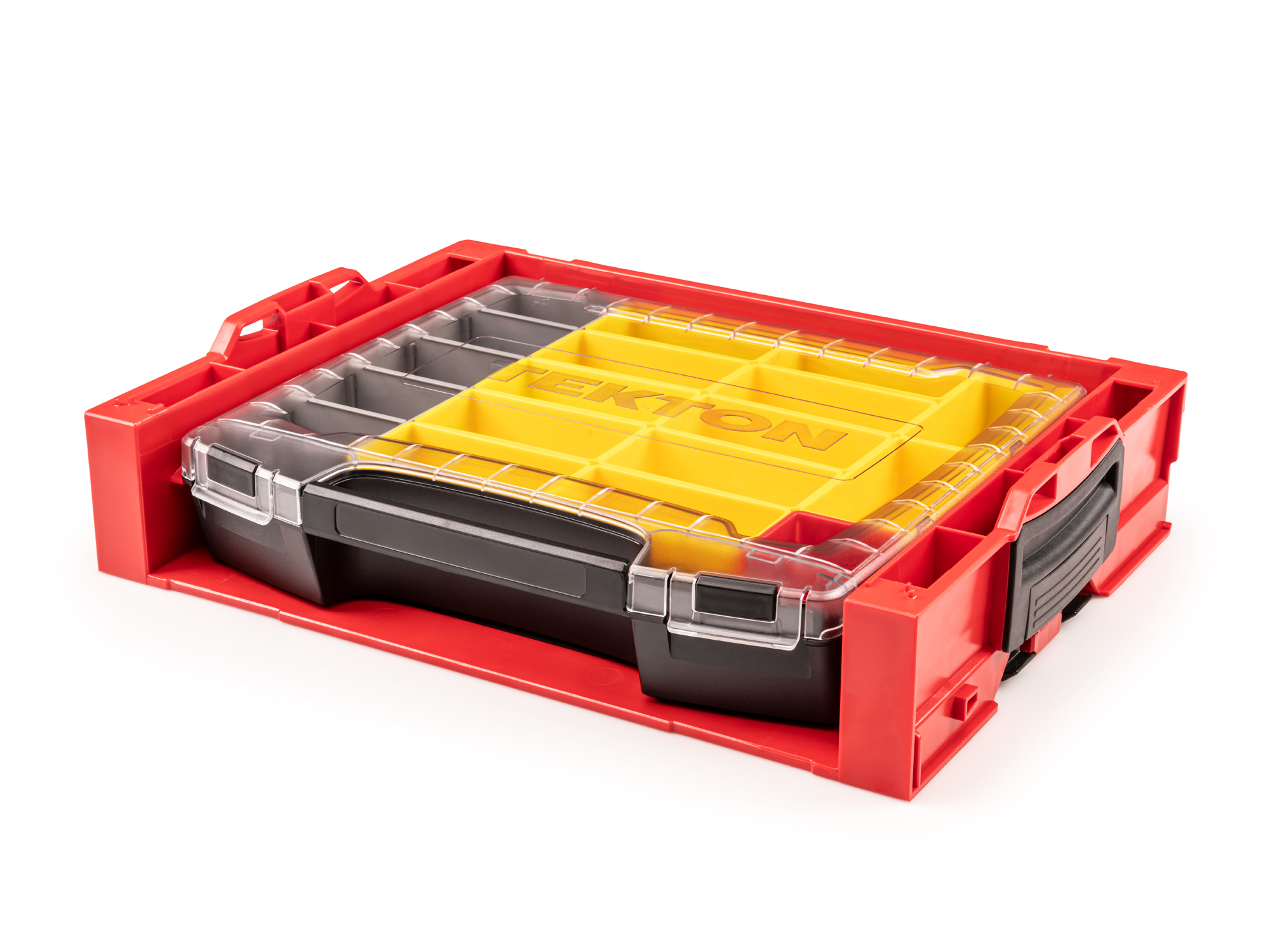 Set includes L-BOXX® compatible lidded drawer with stacking drawer rack, 1 red organizer bin, 12 yellow organizer bins, and 1 gray organizer bin. OLB94023.