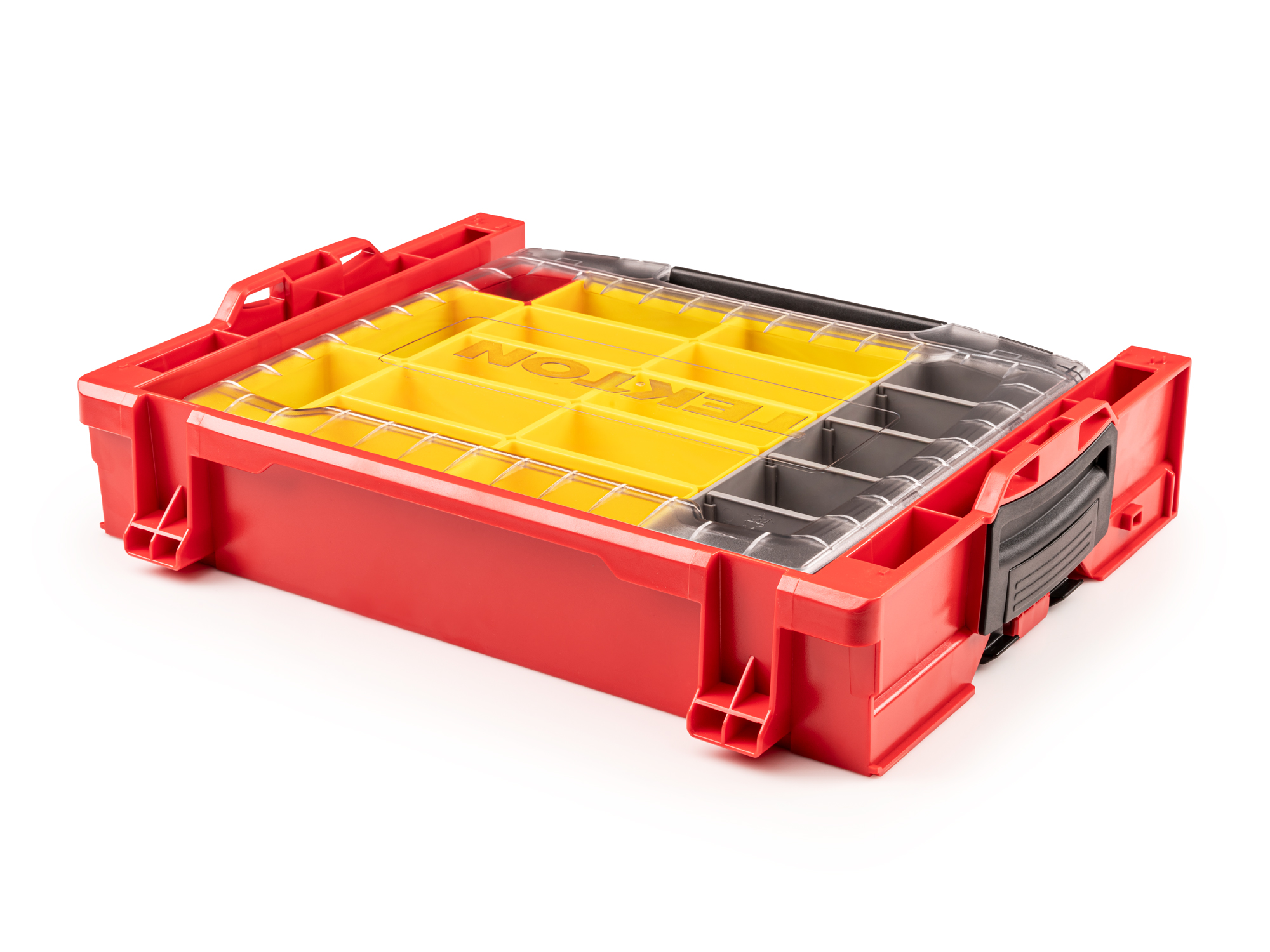 Set includes L-BOXX® compatible lidded drawer with stacking drawer rack, 1 red organizer bin, 12 yellow organizer bins, and 1 gray organizer bin. OLB94023.