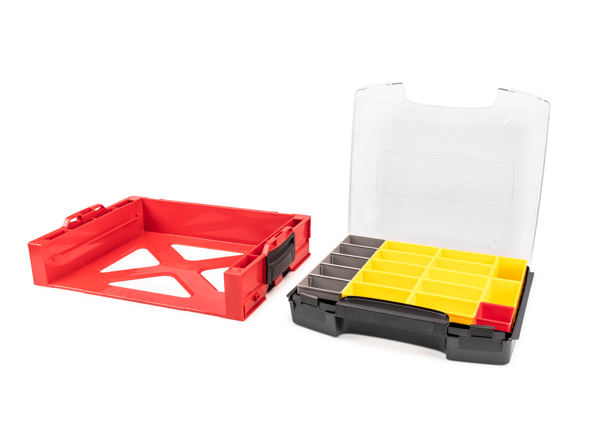 Set includes L-BOXX® compatible lidded drawer with stacking drawer rack, 1 red organizer bin, 12 yellow organizer bins, and 1 gray organizer bin. OLB94023.