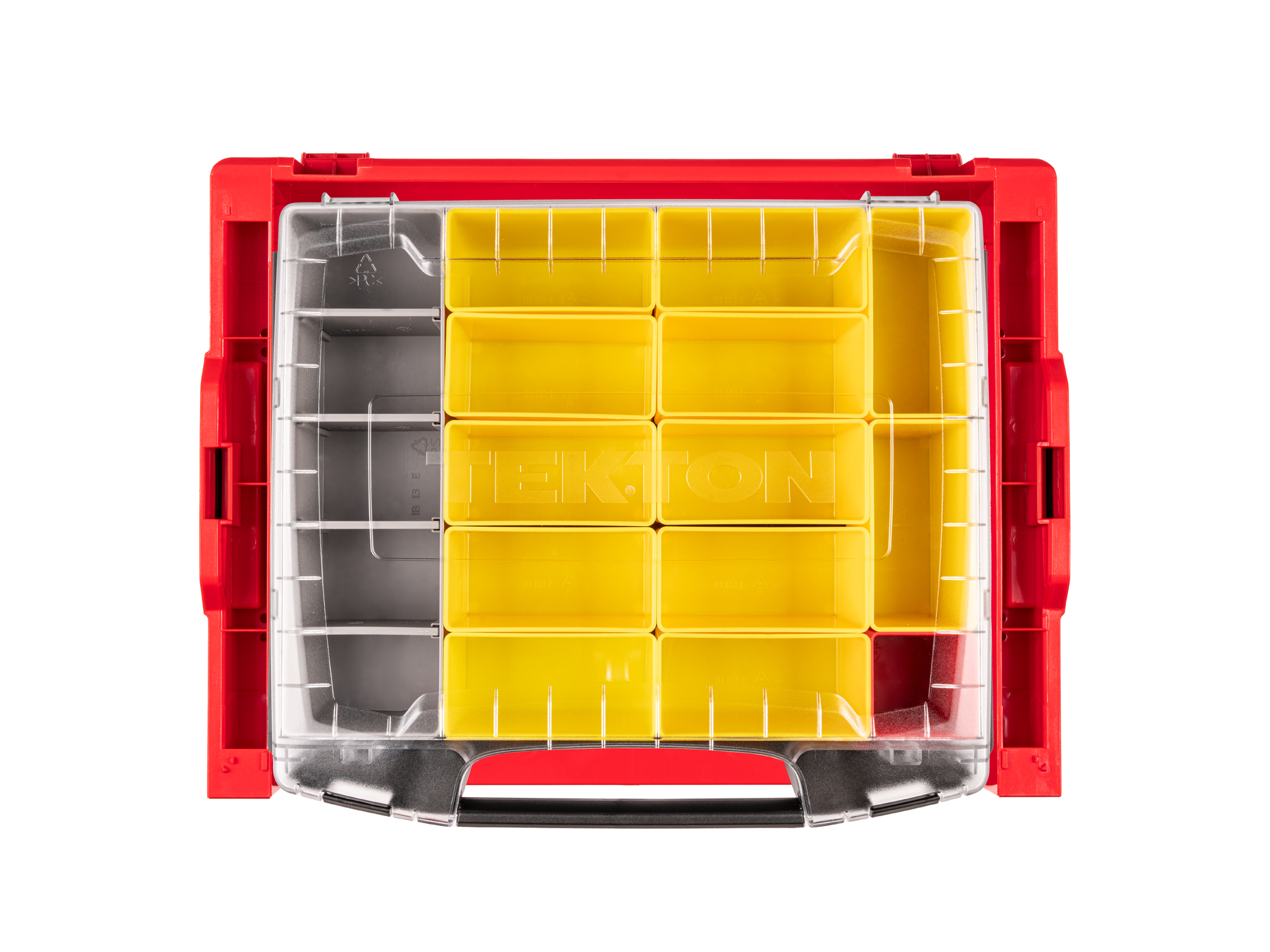 Set includes L-BOXX® compatible lidded drawer with stacking drawer rack, 1 red organizer bin, 12 yellow organizer bins, and 1 gray organizer bin. OLB94023.