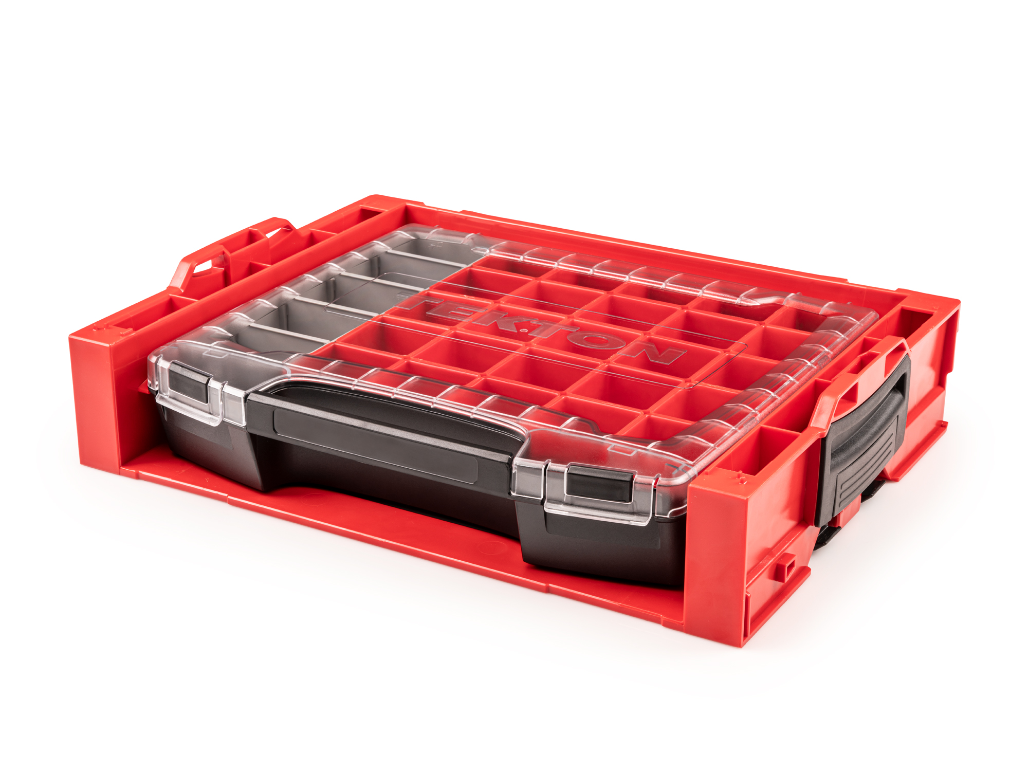 Set includes L-BOXX® compatible lidded drawer with stacking drawer rack, 25 red organizer bins, and 1 gray organizer bin. OLB94024.