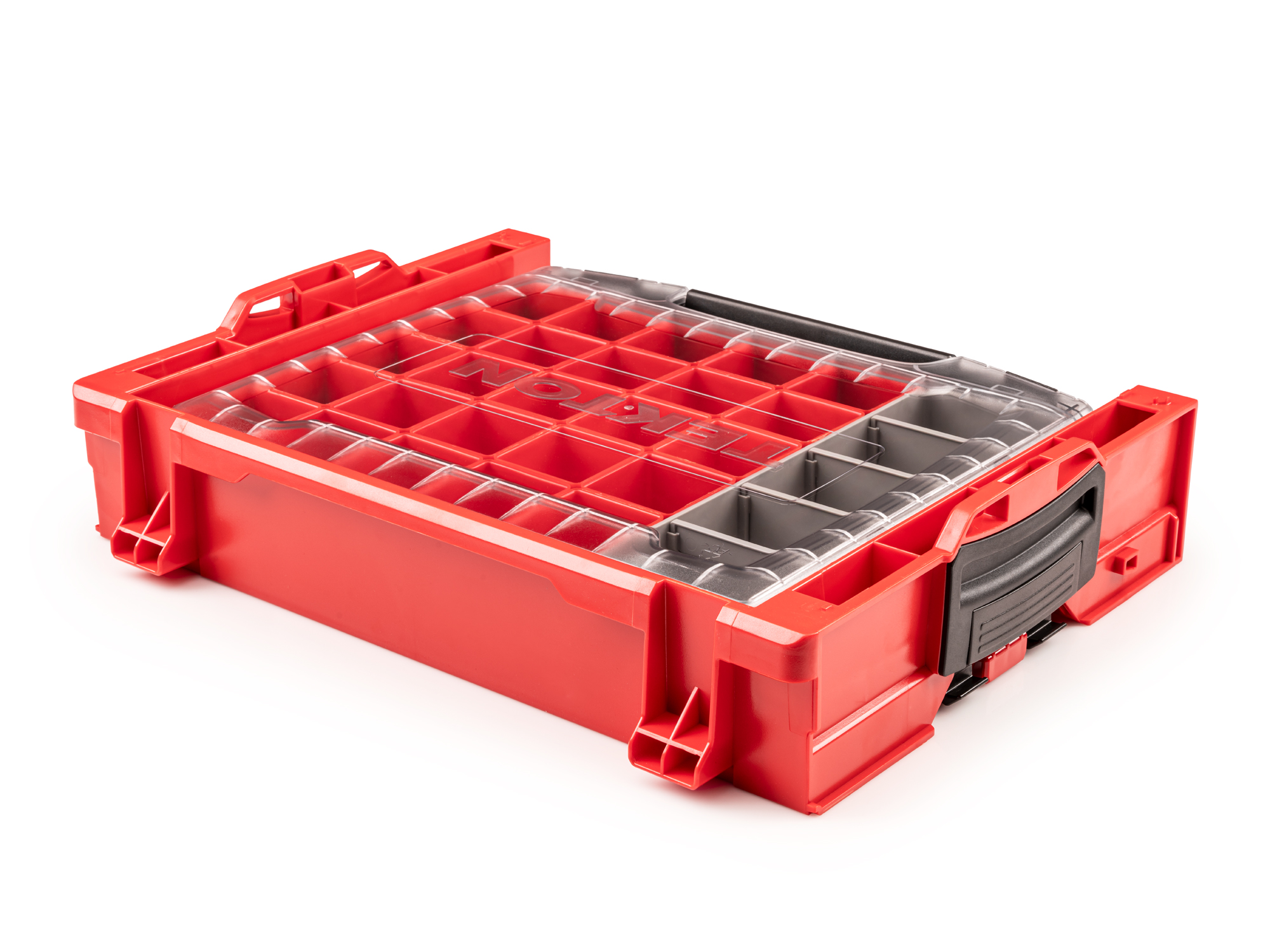 Set includes L-BOXX® compatible lidded drawer with stacking drawer rack, 25 red organizer bins, and 1 gray organizer bin. OLB94024.