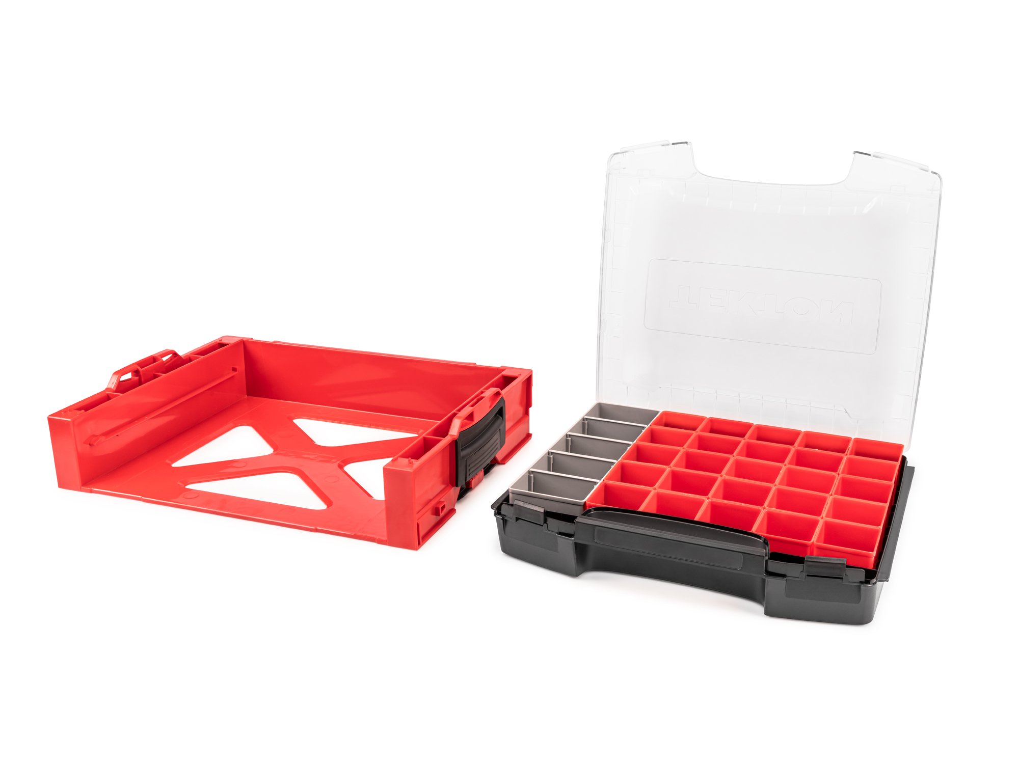 Set includes L-BOXX® compatible lidded drawer with stacking drawer rack, 25 red organizer bins, and 1 gray organizer bin. OLB94024.