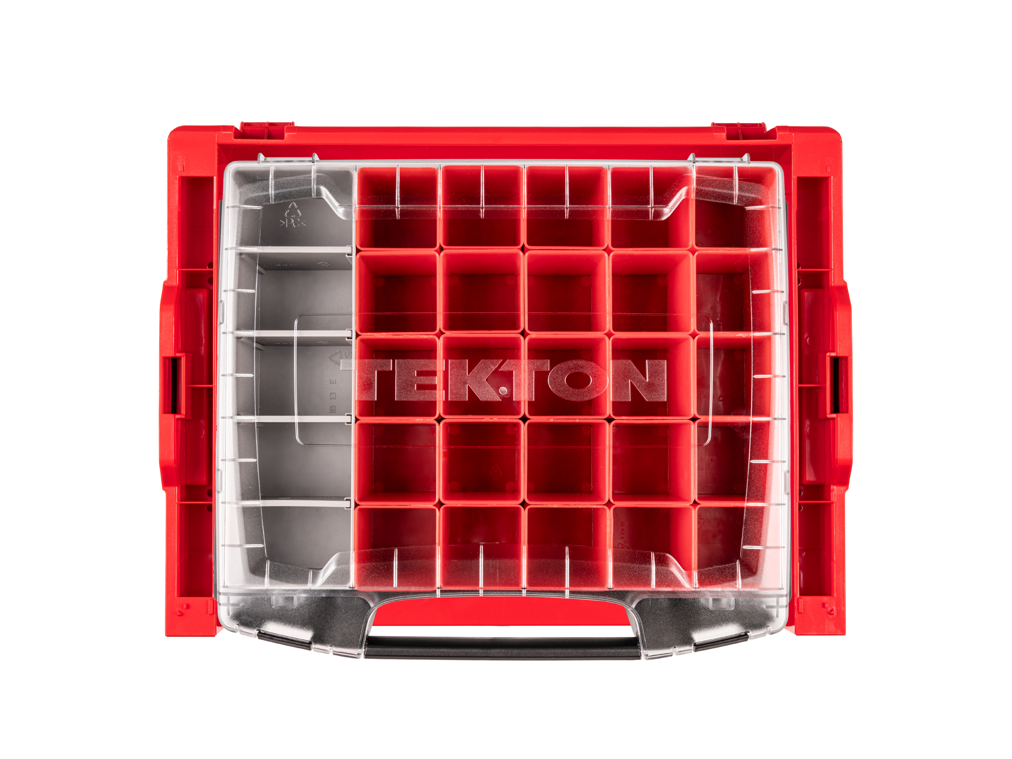 Set includes L-BOXX® compatible lidded drawer with stacking drawer rack, 25 red organizer bins, and 1 gray organizer bin. OLB94024.