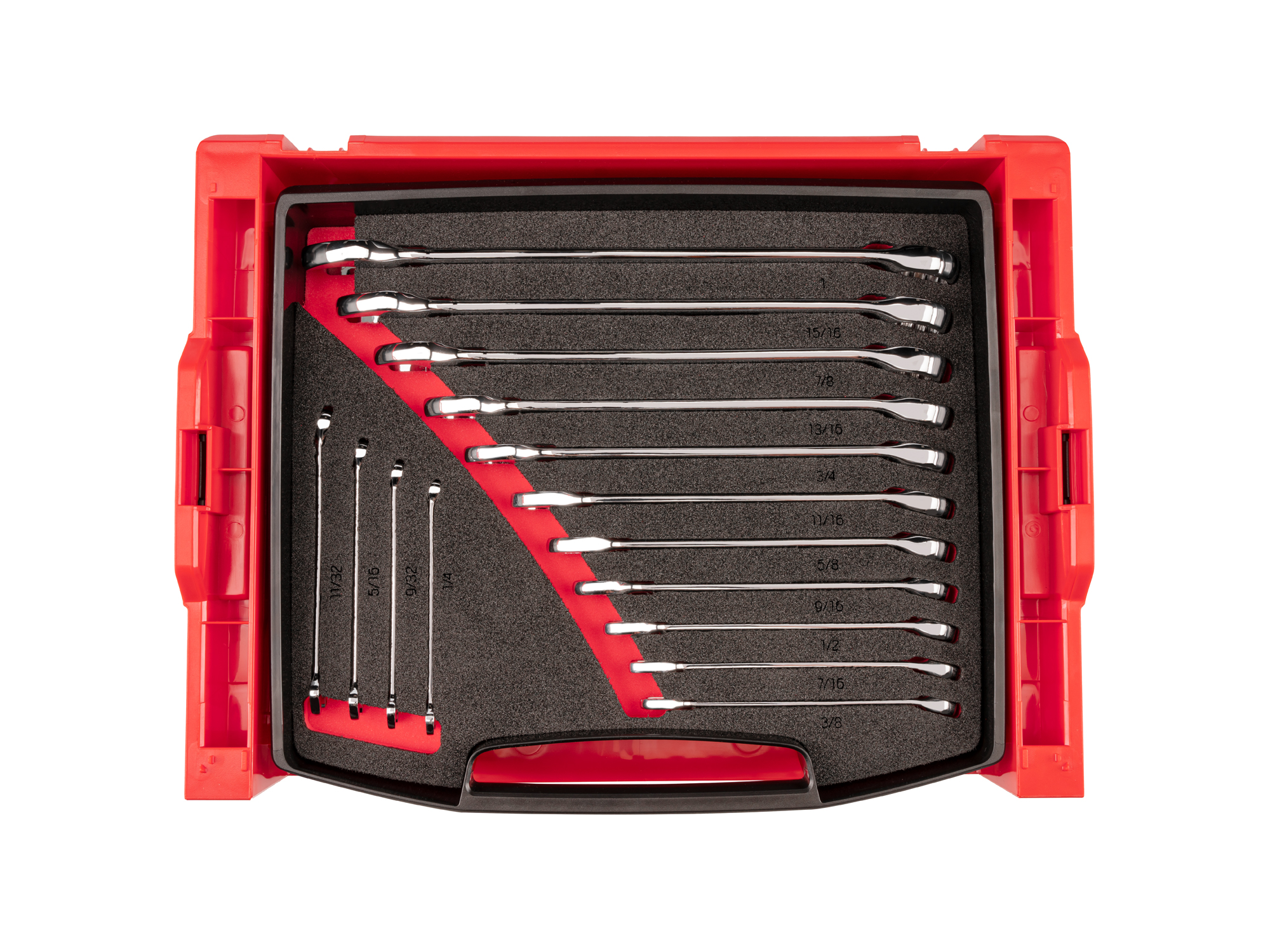 Set includes 1/4 - 1 inch (SAE) combination wrenches with L-BOXX stacking organization system, made with durable material for maximized storage space. No skipped sizes. OLB94201.