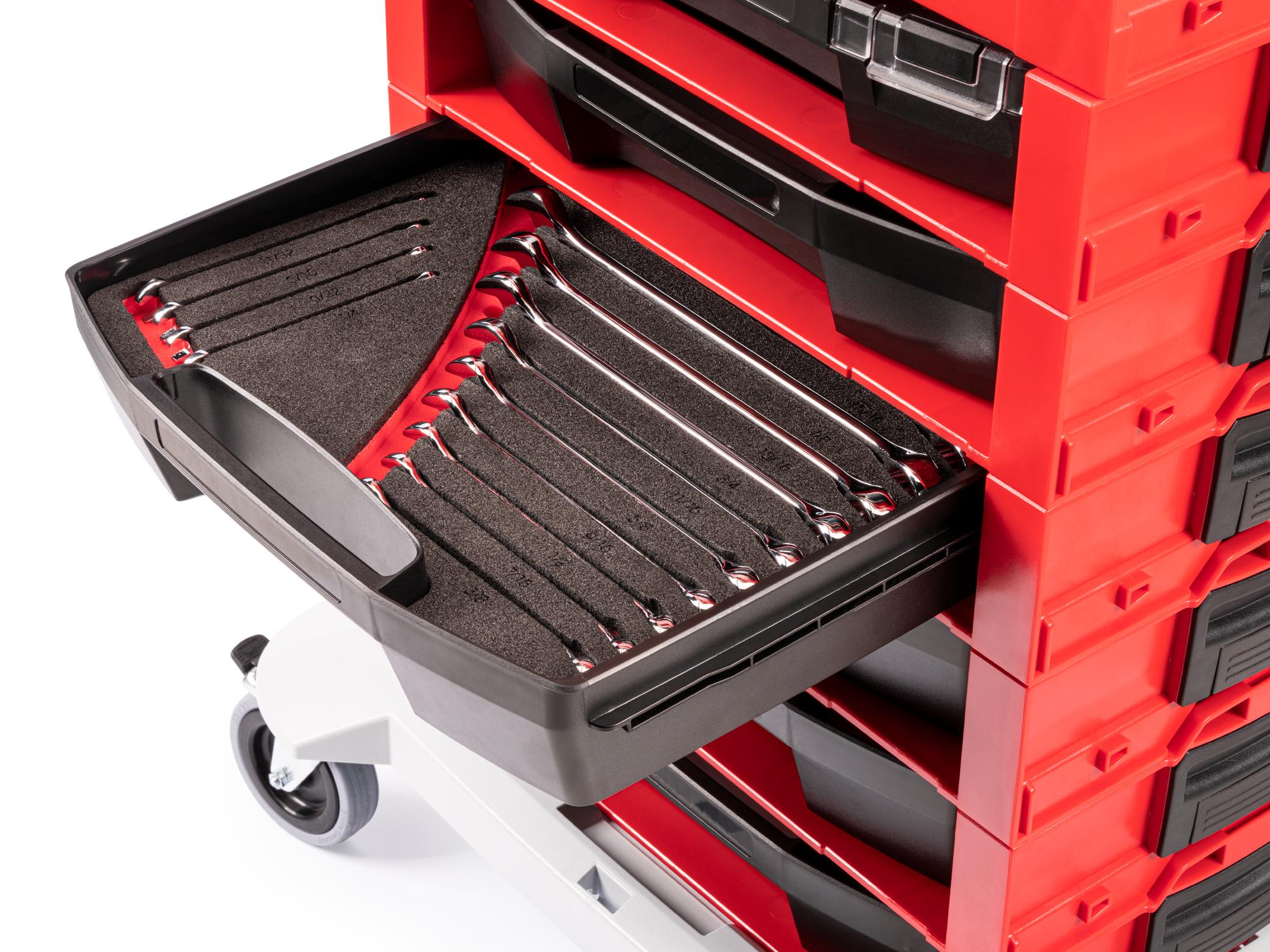 Front angled view of Tekton stacking organization system set in a tool cabinet drawer. Item #OLB94201.
