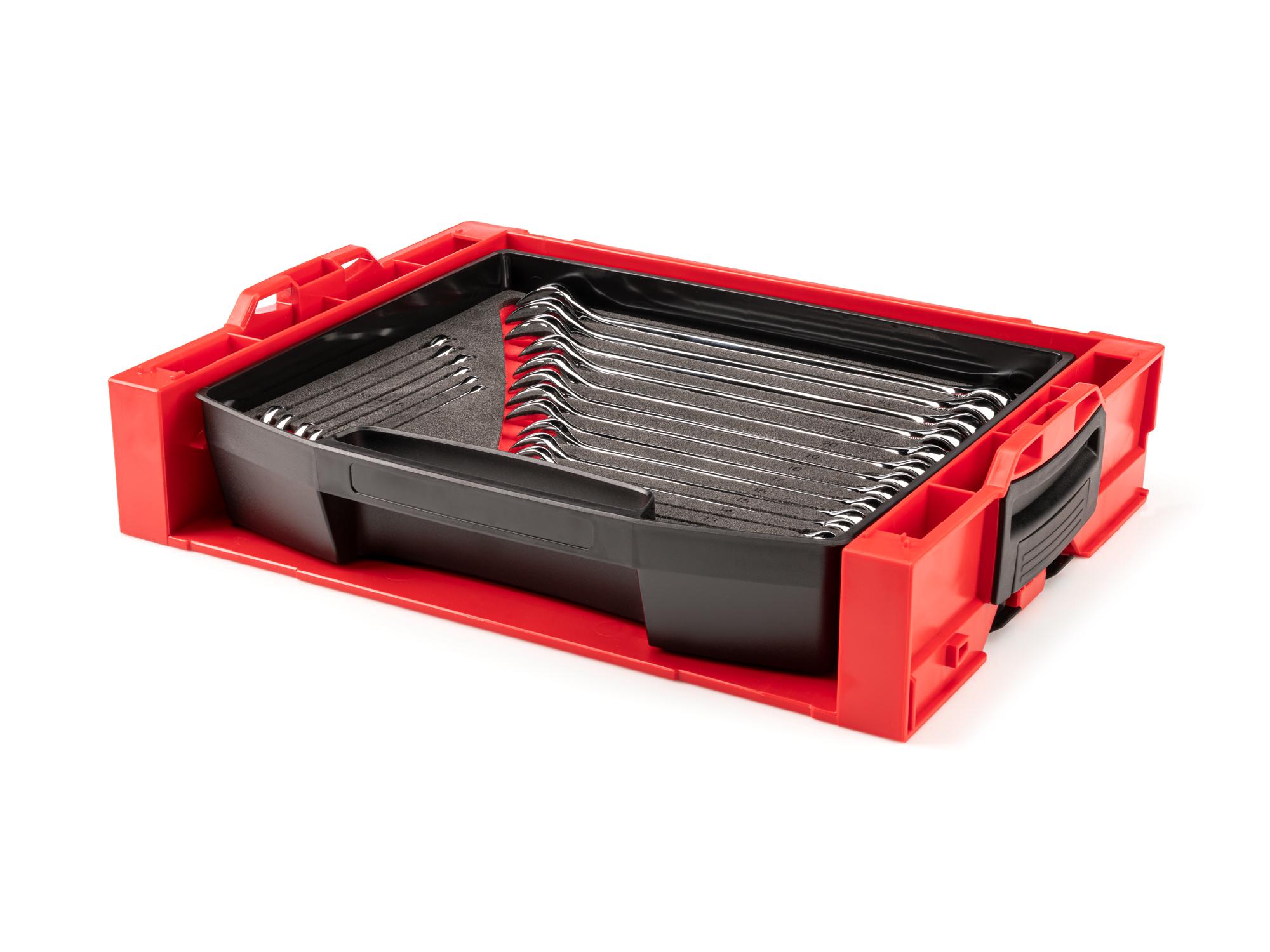 Front-right angle view of Tekton stacking organization system set. Item #OLB94202.