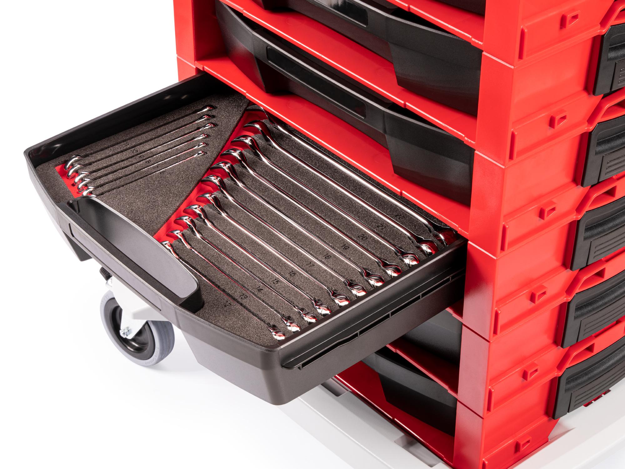 Front angled view of Tekton stacking organization system set in a tool cabinet drawer. Item #OLB94202.