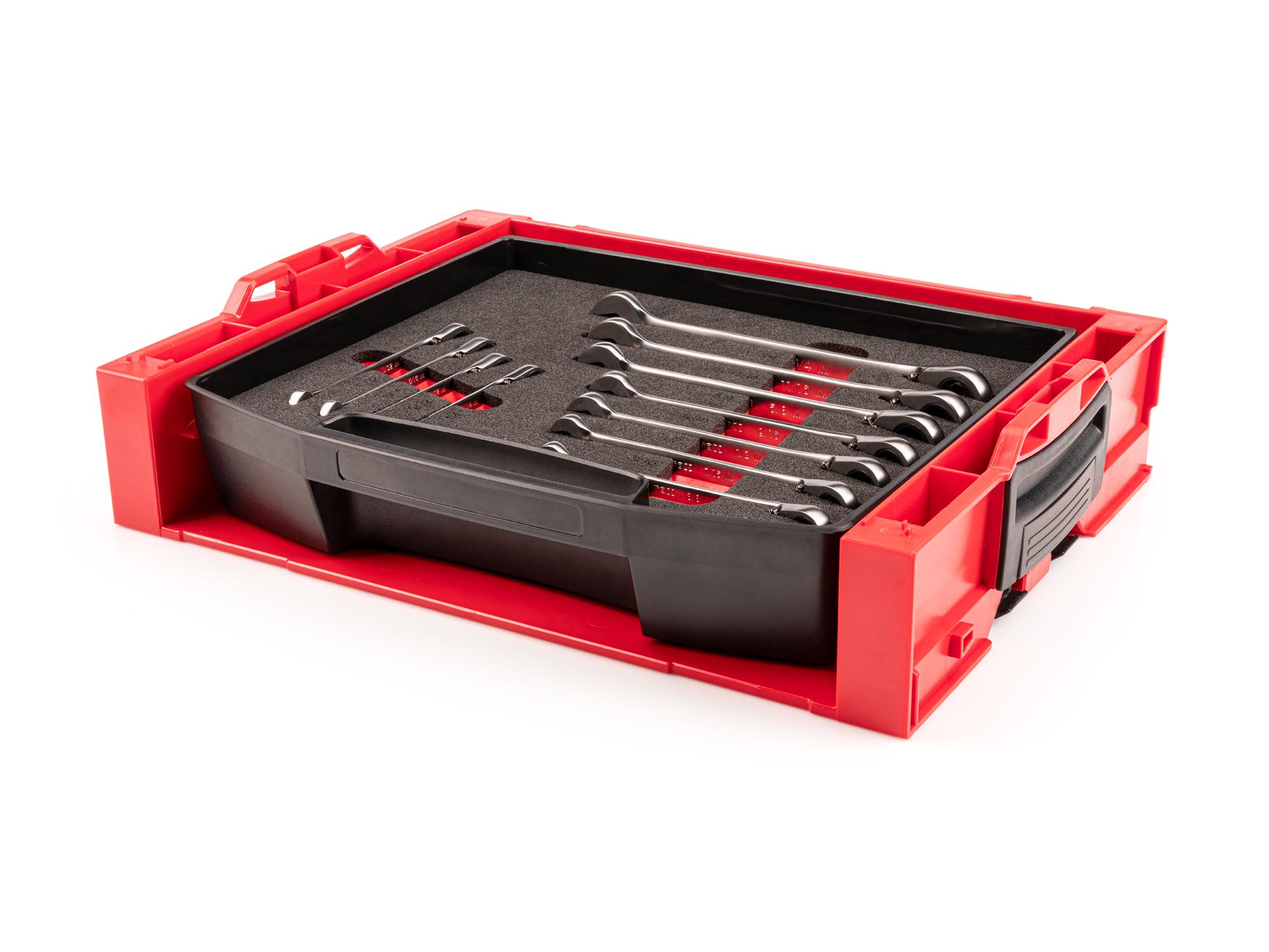 Front-right angle view of Tekton stacking organization system set. Item #OLB94203.