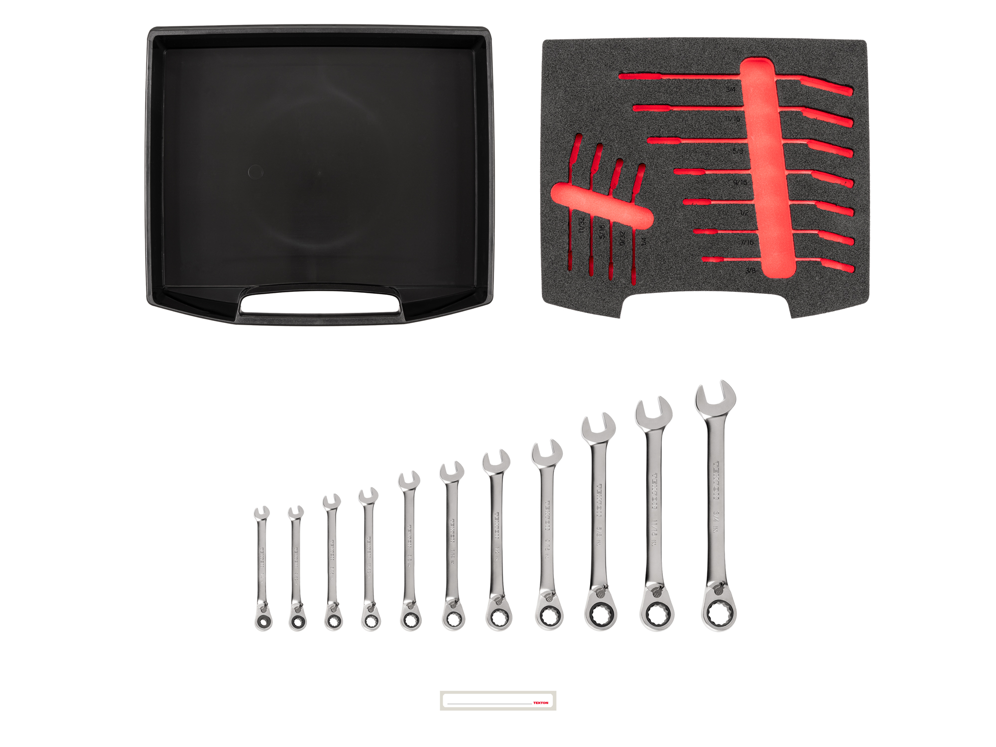 Set includes 1/4–3/4 inch (SAE) reversible ratcheting combination wrenches with L-BOXX stacking organization system. No skipped sizes. OLB94203.