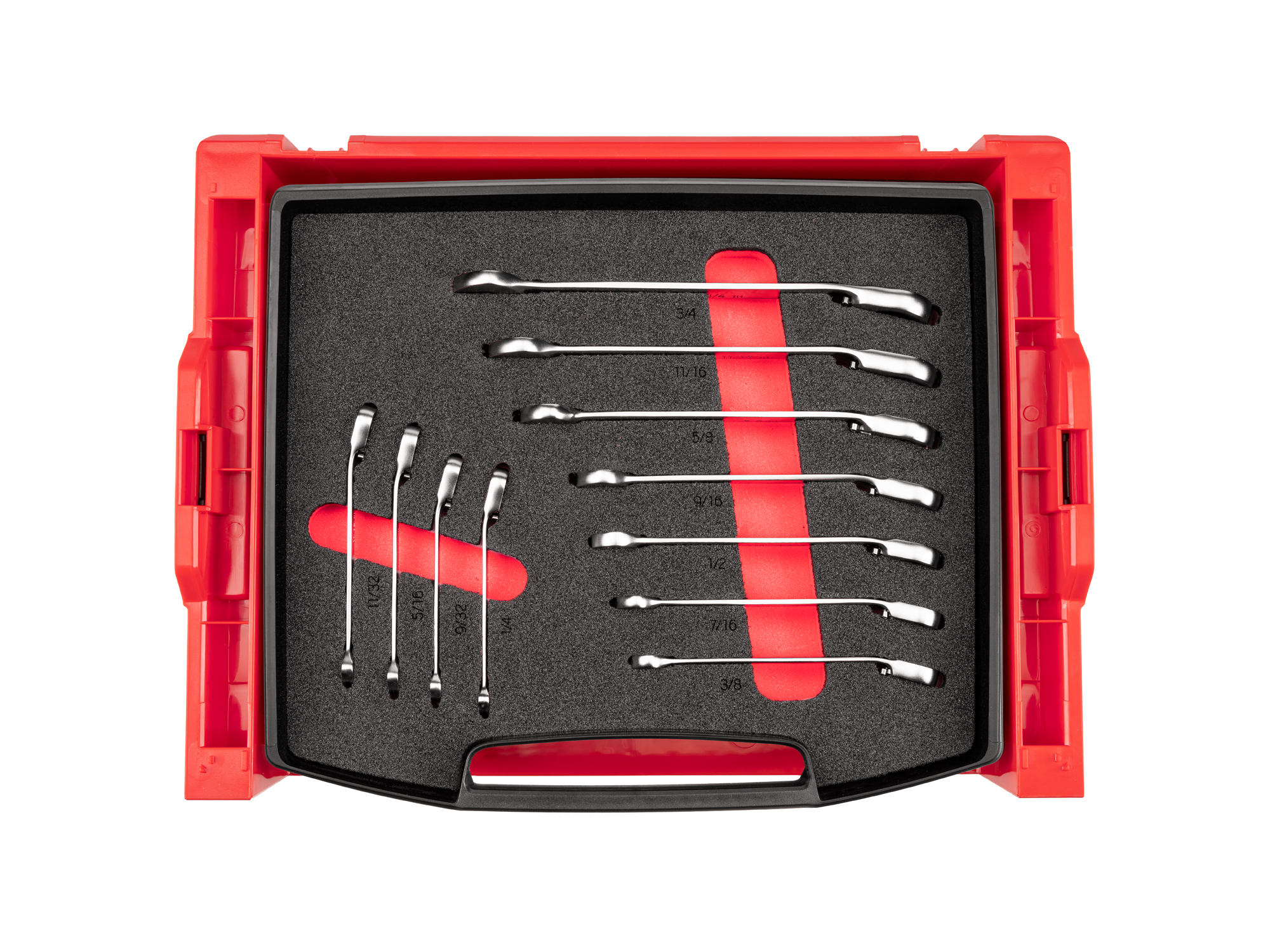 Set includes 1/4–3/4 inch (SAE) reversible ratcheting combination wrenches with L-BOXX stacking organization system. No skipped sizes. OLB94203.